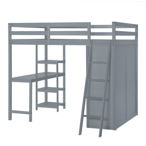 Full Size Loft Bed with Wardrobe and Desk and Shelves, Gray