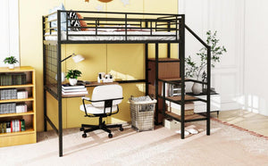 Full Size Metal Loft Bed with Desk and Metal Grid, Stylish Metal Frame Bed with Lateral Storage Ladder and Wardrobe, Black