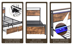 Full Size Bed Frame with Storage Headboard and 2 Drawers, LED Lights Bed with Charging Station, Metal Platform Bed No Noise