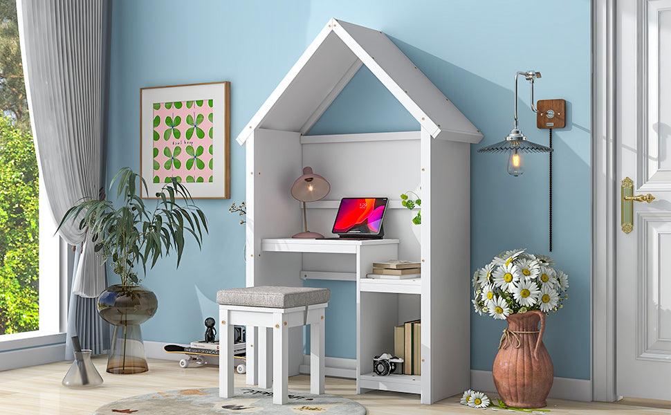 House-Shaped Desk With A Cushion Stool, White