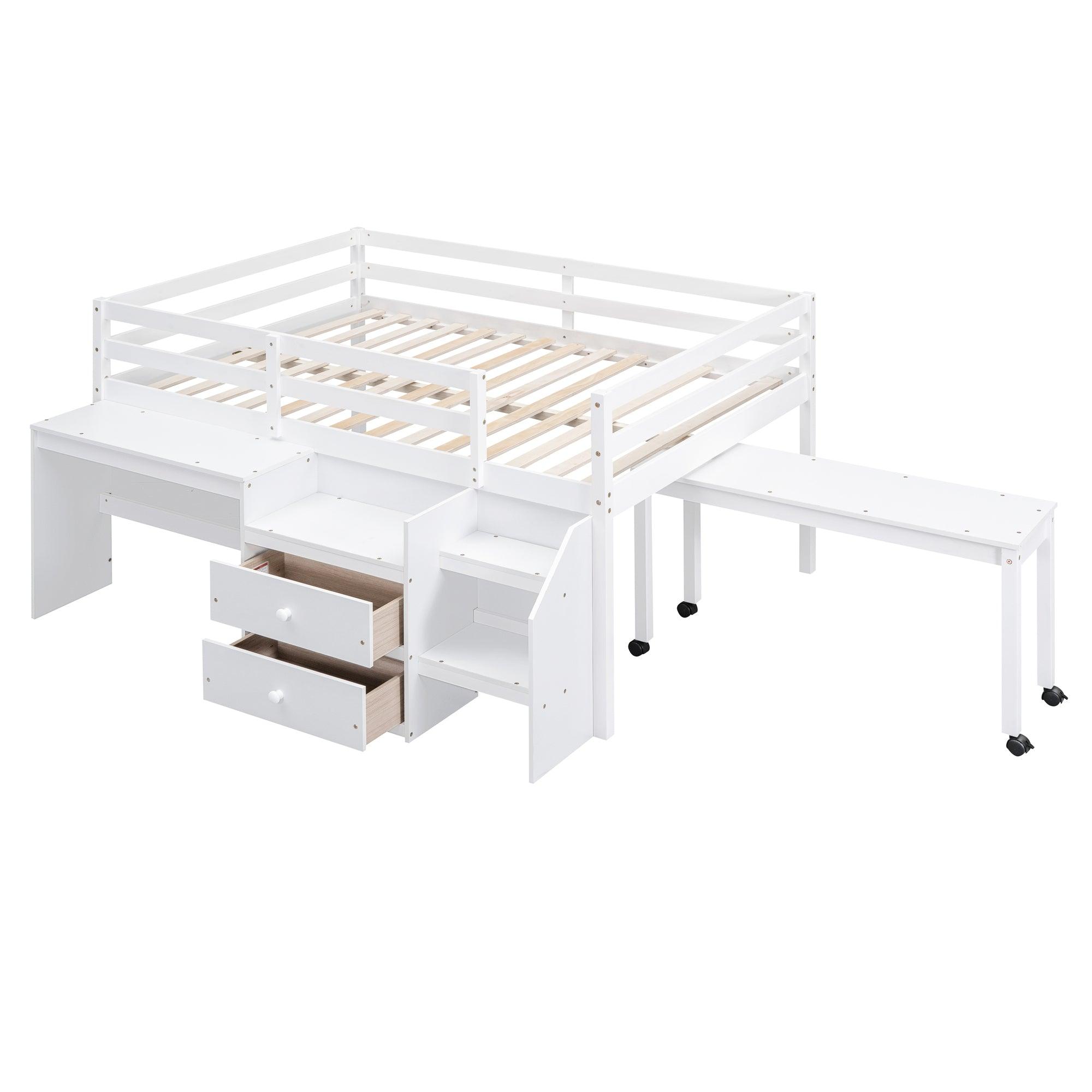 Full Size Loft Bed with Desk and Drawers, Wooden Loft Bed with Lateral Portable Desk, White