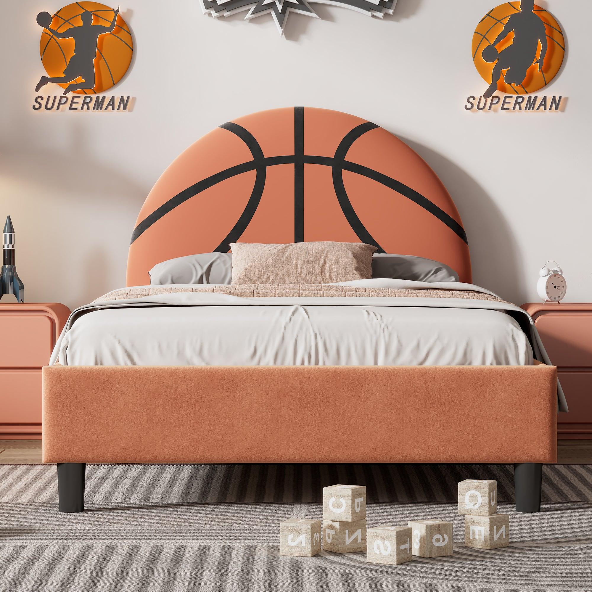 🆓🚛 Basketball Design Upholstered Twin Platform Bed Sport Style Bed for Boys & Girls, Teens, Orange