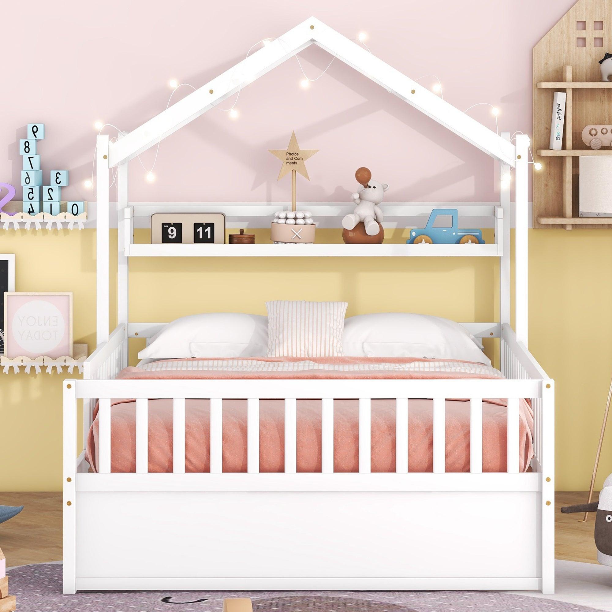 🆓🚛 Wooden Full Size House Bed With Twin Size Trundle, Kids Bed With Shelf, White