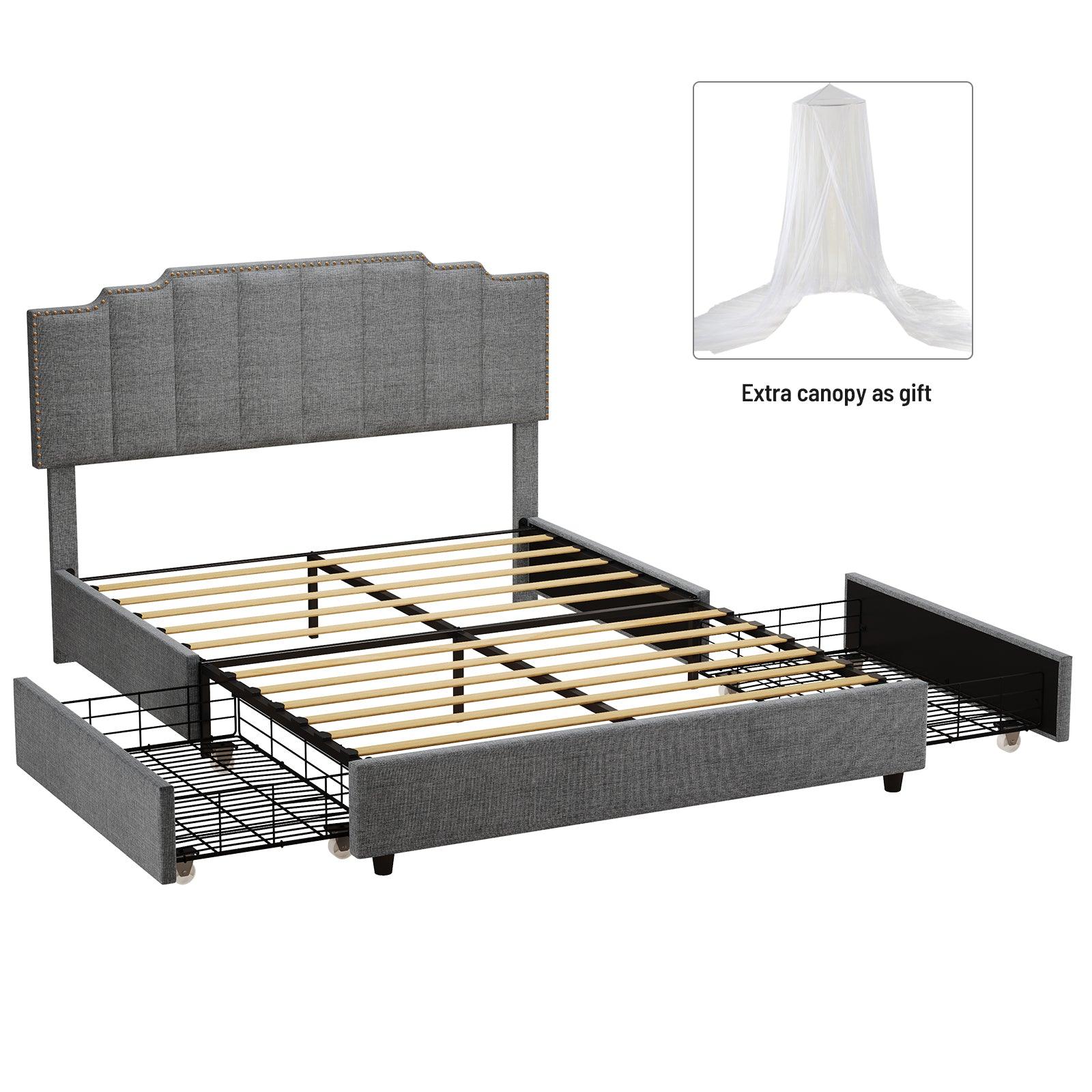 🆓🚛 Queen Size Upholstered Platform Bed Frame, 2 Drawers, Stitched Padded Headboard With Rivets Design, Gray