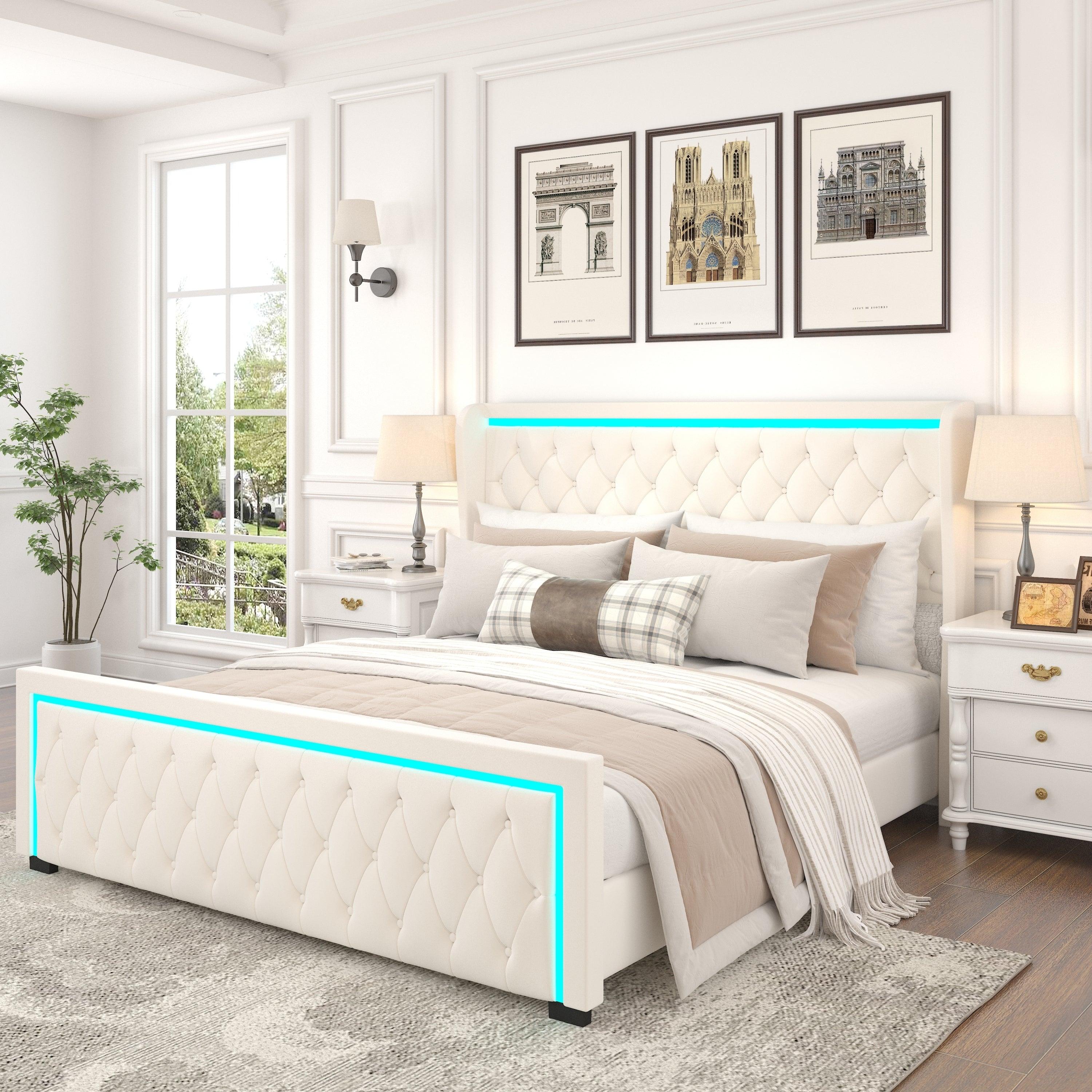 🆓🚛 Queen Platform Bed Frame With High Headboard, Velvet Upholstered Bed With Deep Tufted Buttons, Adjustable Colorful Led Light Decorative Headboard, Wide Wingbacks, Beige