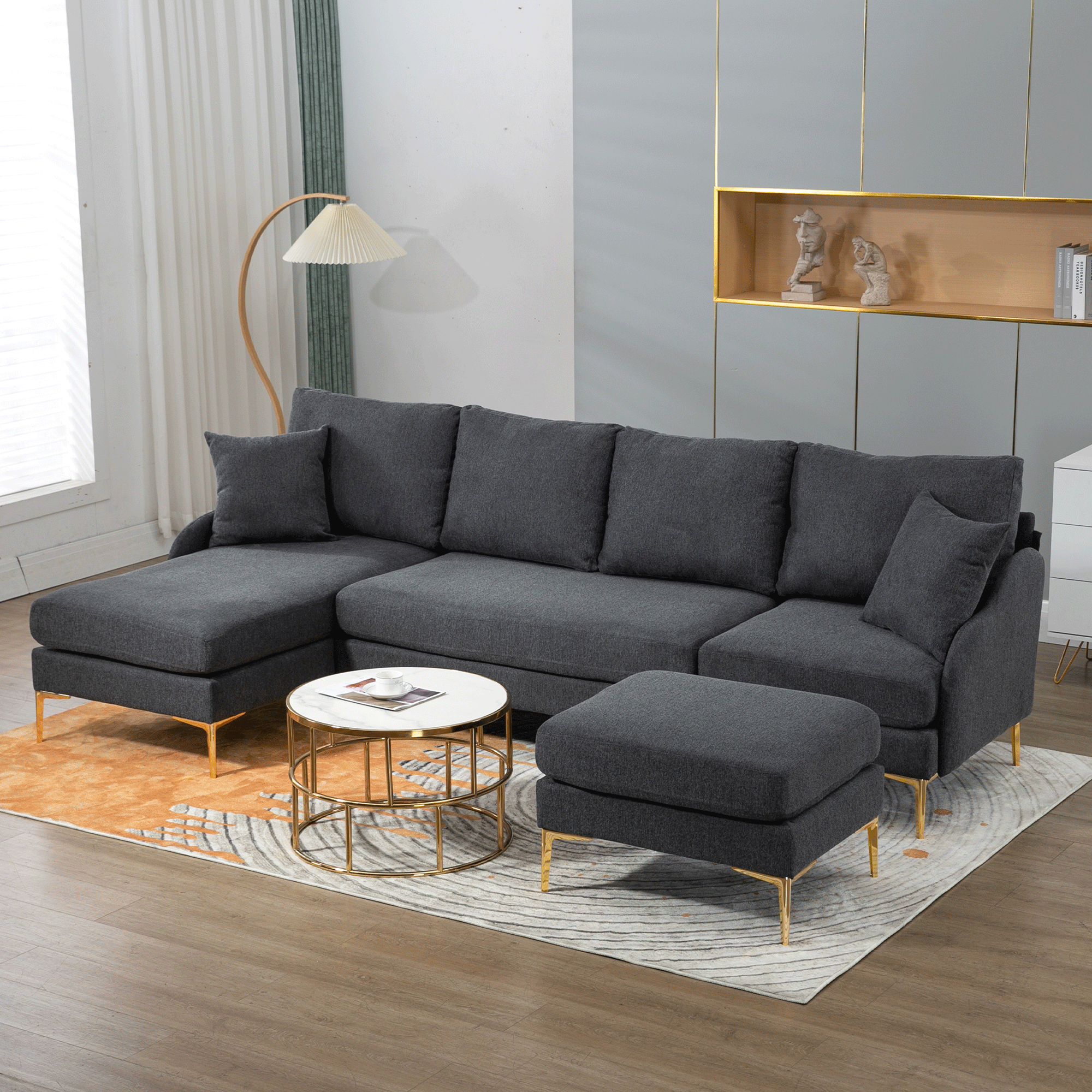 🆓🚛 110'' Wide Reversible Left Or Right Chaise of Sectional Sofa U-Shape Convertible Sofa Couch 4-Seat Couch With Chaise Lounge Upholstered for Living Room, Apartment, Office, Charcoal Polyester Blend