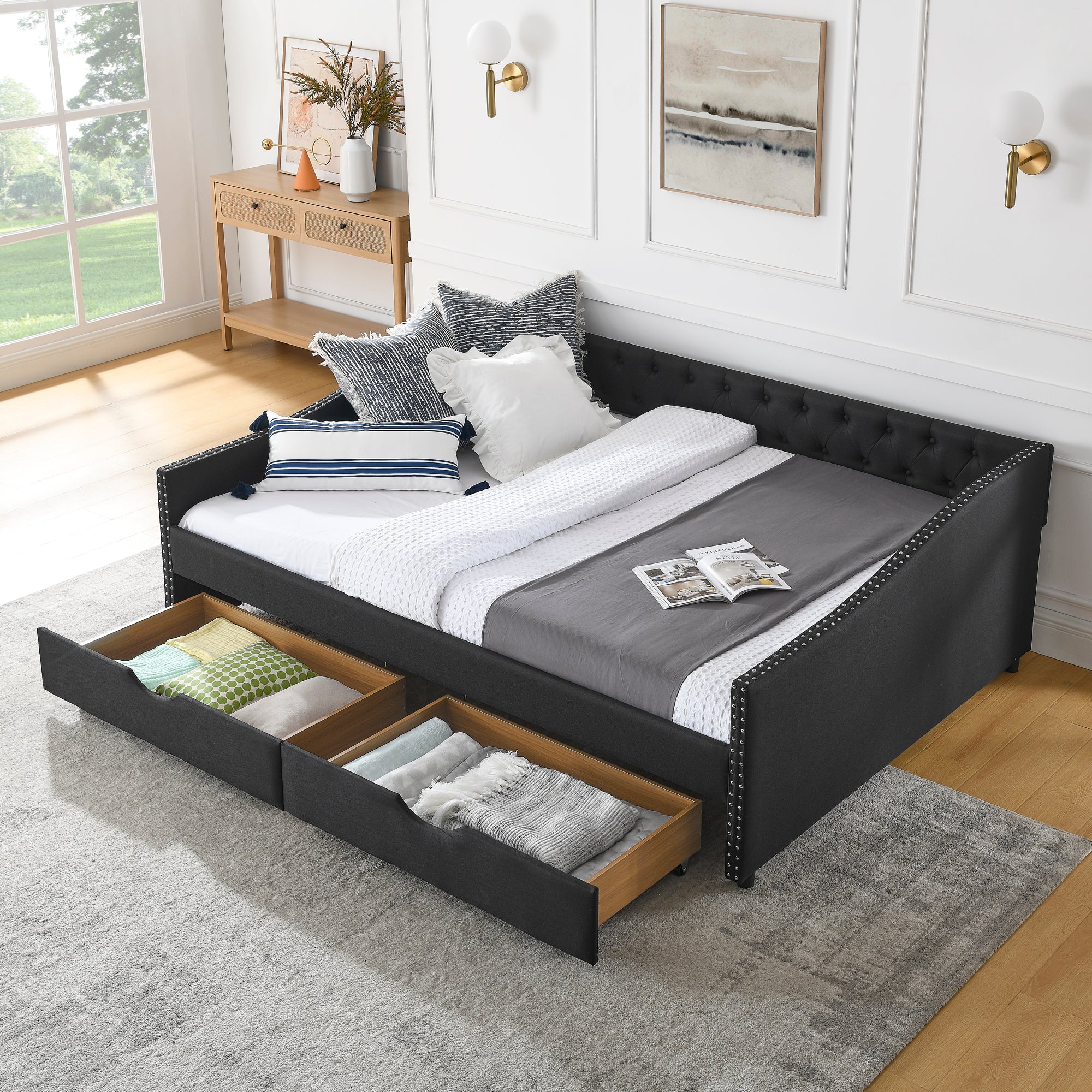 🆓🚛 Queen Size Daybed with Drawers Upholstered Tufted Sofa Bed with Button on Back and Copper Nail on Waved Shape Arms(84.5"x63.5"x26.5"), Black