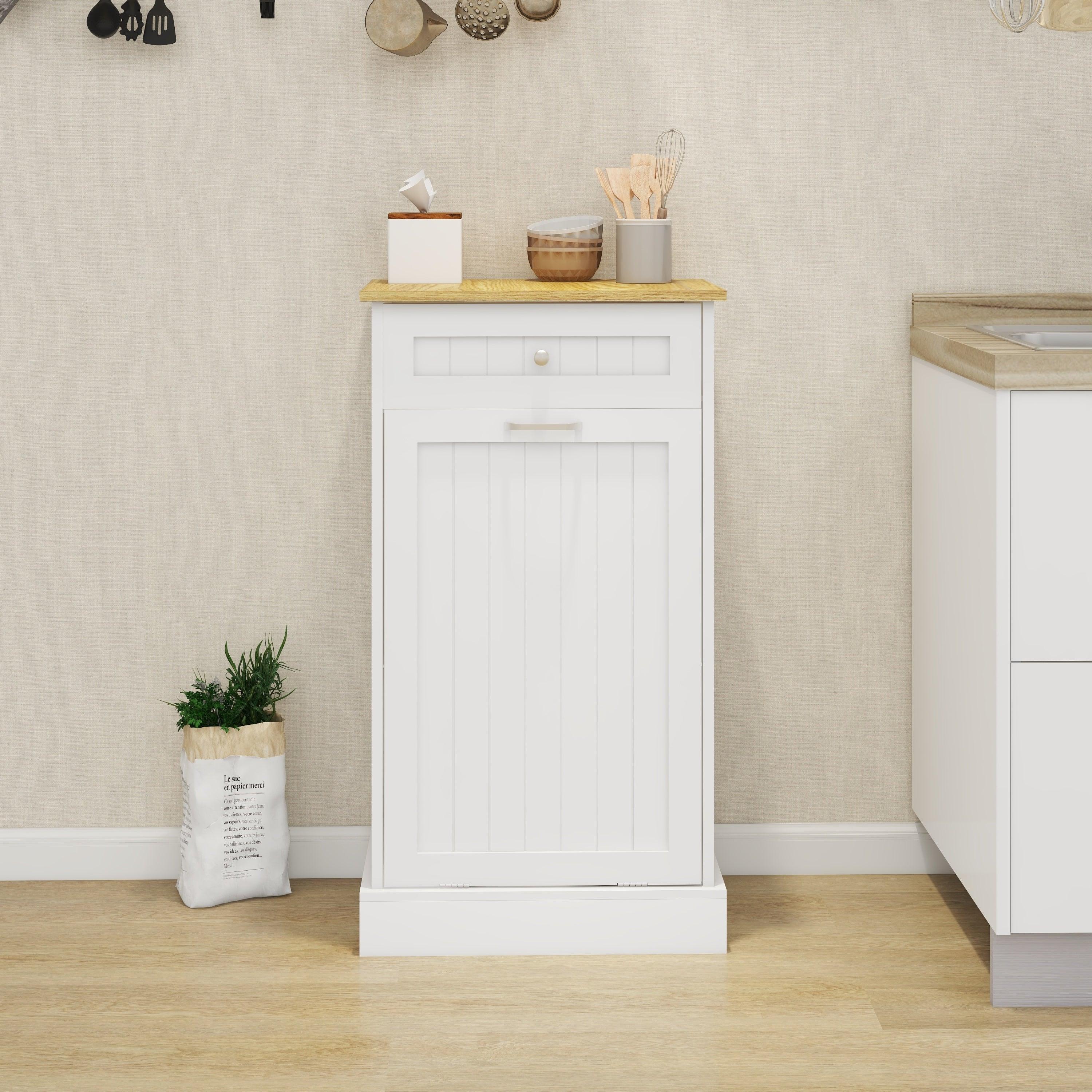 🆓🚛 One Drawers & One-Compartment Tilt-Out Trash Cabinet Kitchen Trash Cabinet, White