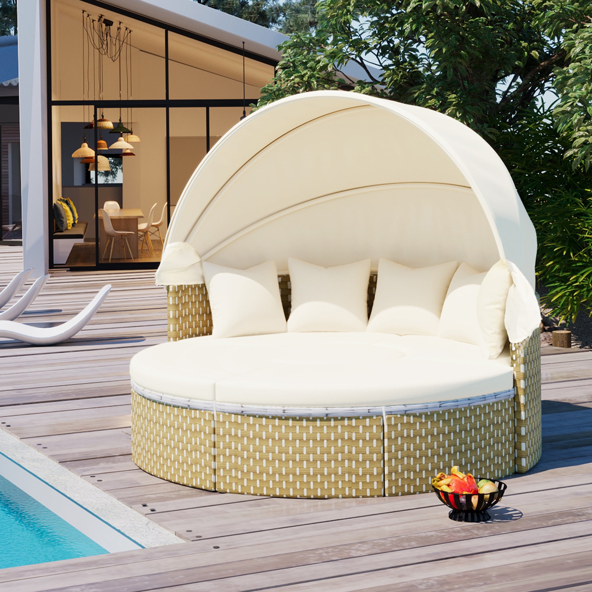 🆓🚛 Patio Furniture Round Outdoor Sectional Sofa Set Rattan Daybed Two-Tone Weave Sunbed With Retractable Canopy, Separate Seating and Removable Cushion, Beige