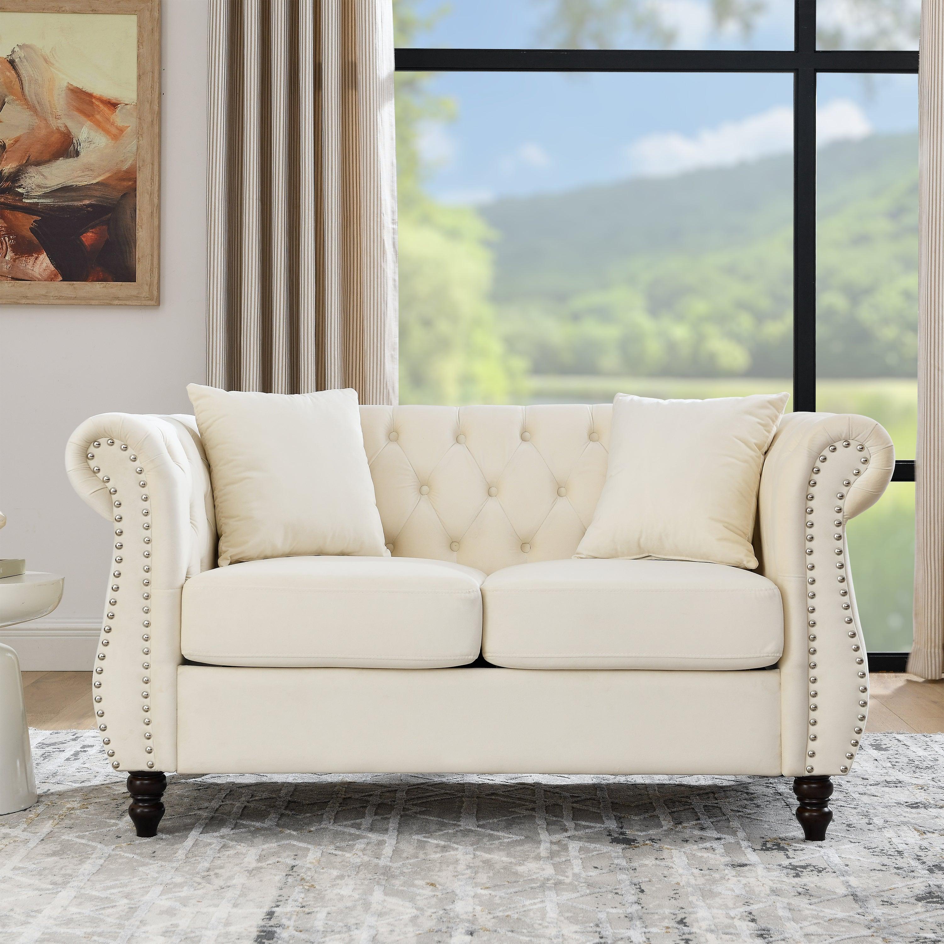 58.8" Chesterfield Sofa Beige Velvet for Living Room, 2 Seater Sofa Tufted Couch with Rolled Arms and Nailhead with 2 Pillows