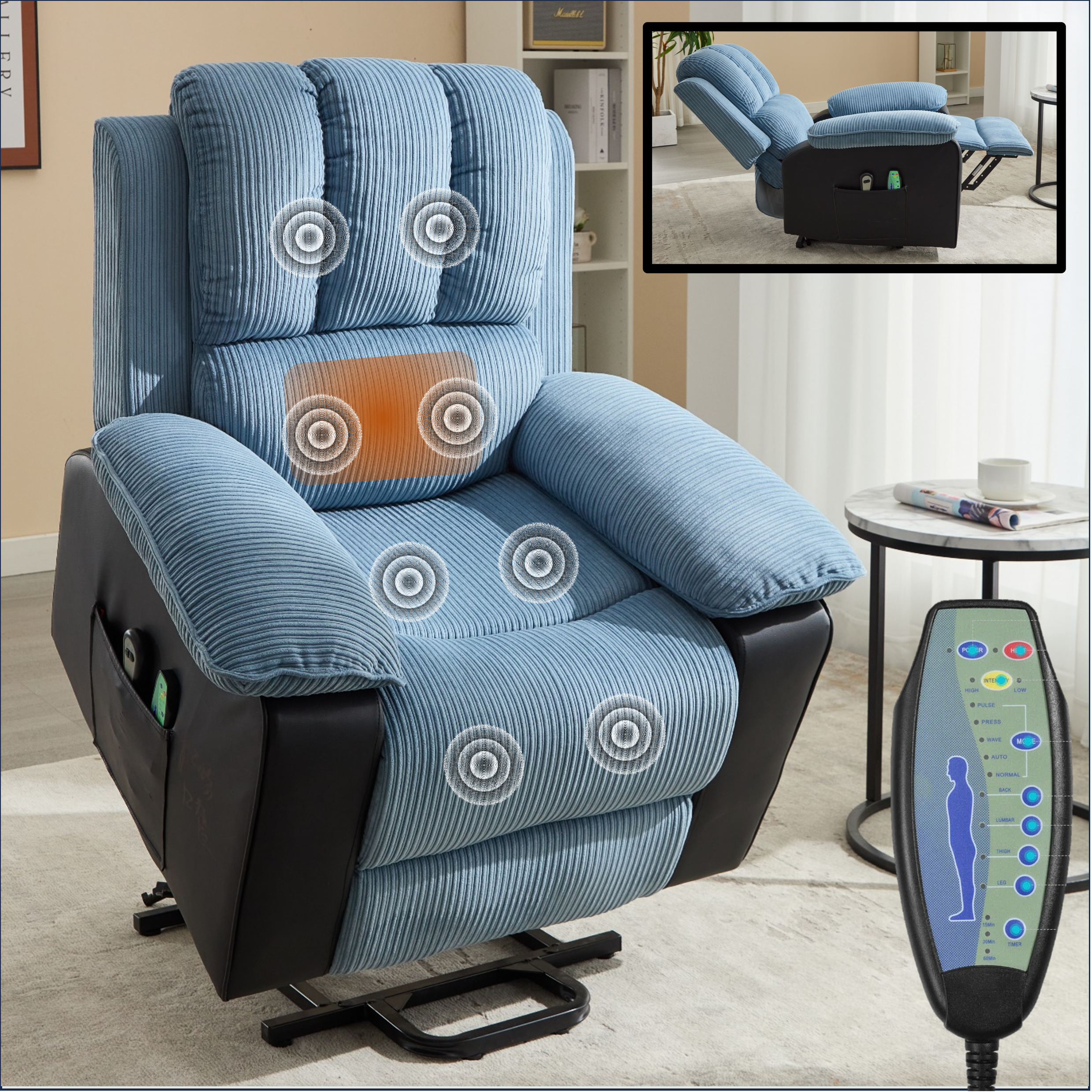 Recliner Chair With Heat and Vibrating Massage, Comfy Padded Overstuffed Soft Fabric Heated Recliner (Blue and Black)