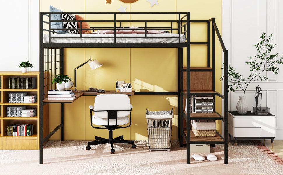 Full Size Metal Loft Bed with Desk and Metal Grid, Stylish Metal Frame Bed with Lateral Storage Ladder and Wardrobe, Black