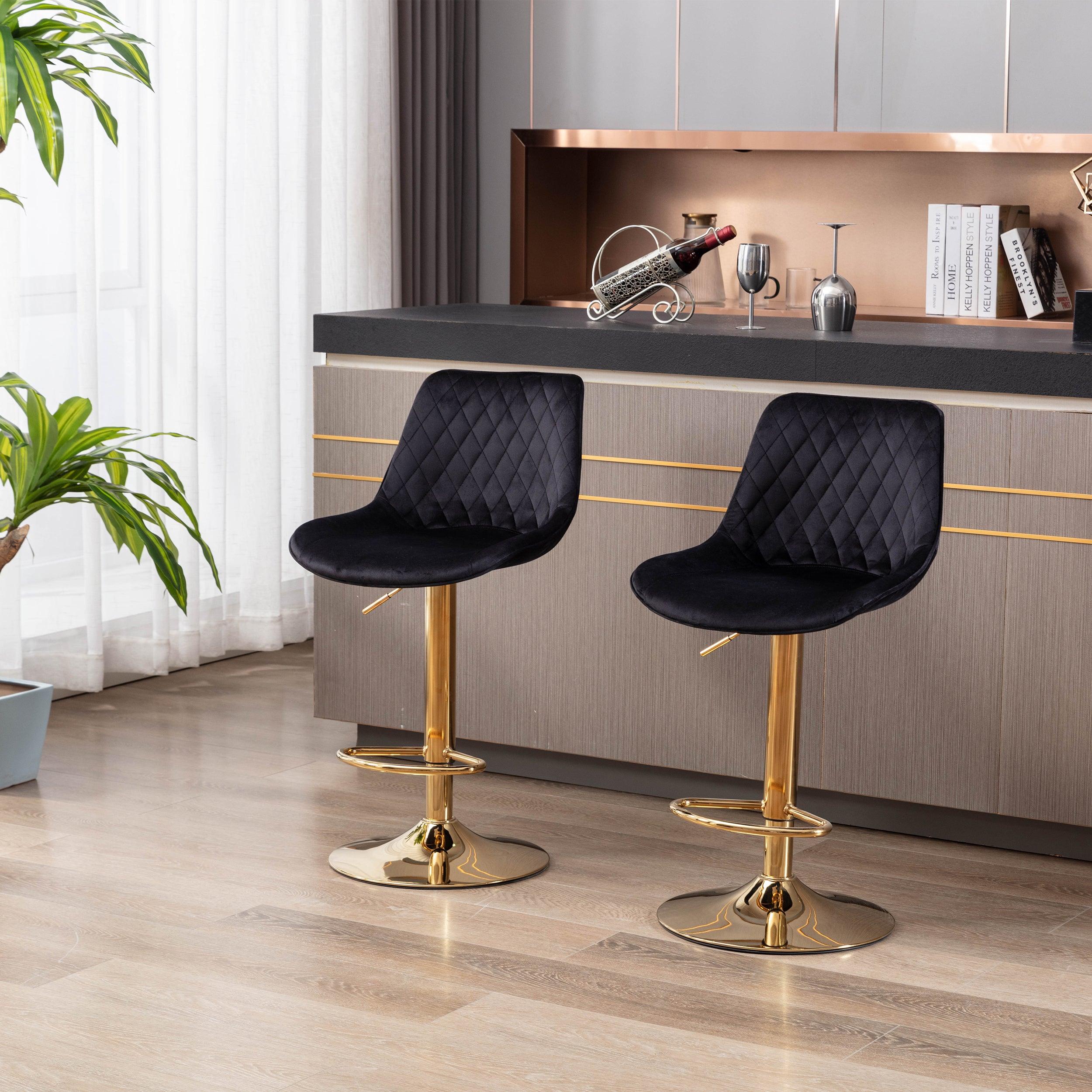 🆓🚛 Set Of 2 Bar Stools, With Chrome Footrest & Base Swivel Height Adjustable Mechanical Lifting Velvet + Golden Leg Simple Bar Stool-Black