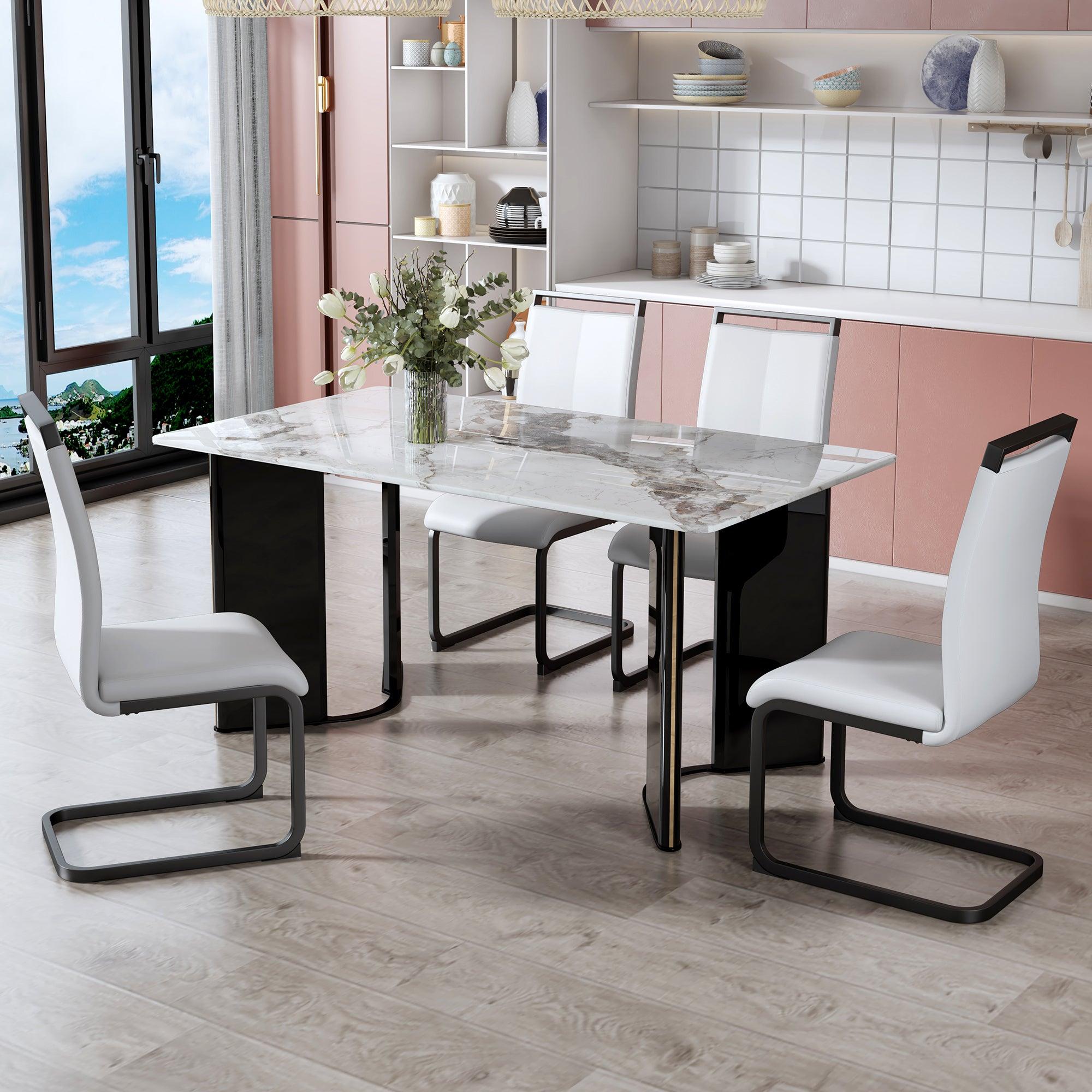 🆓🚛 Table & Chair Set, White Imitation Marble Desktop With Mdf Legs & Gold Metal Decorative Strips, 4 Dining Chairs With White Backrest & Black Metal Legs