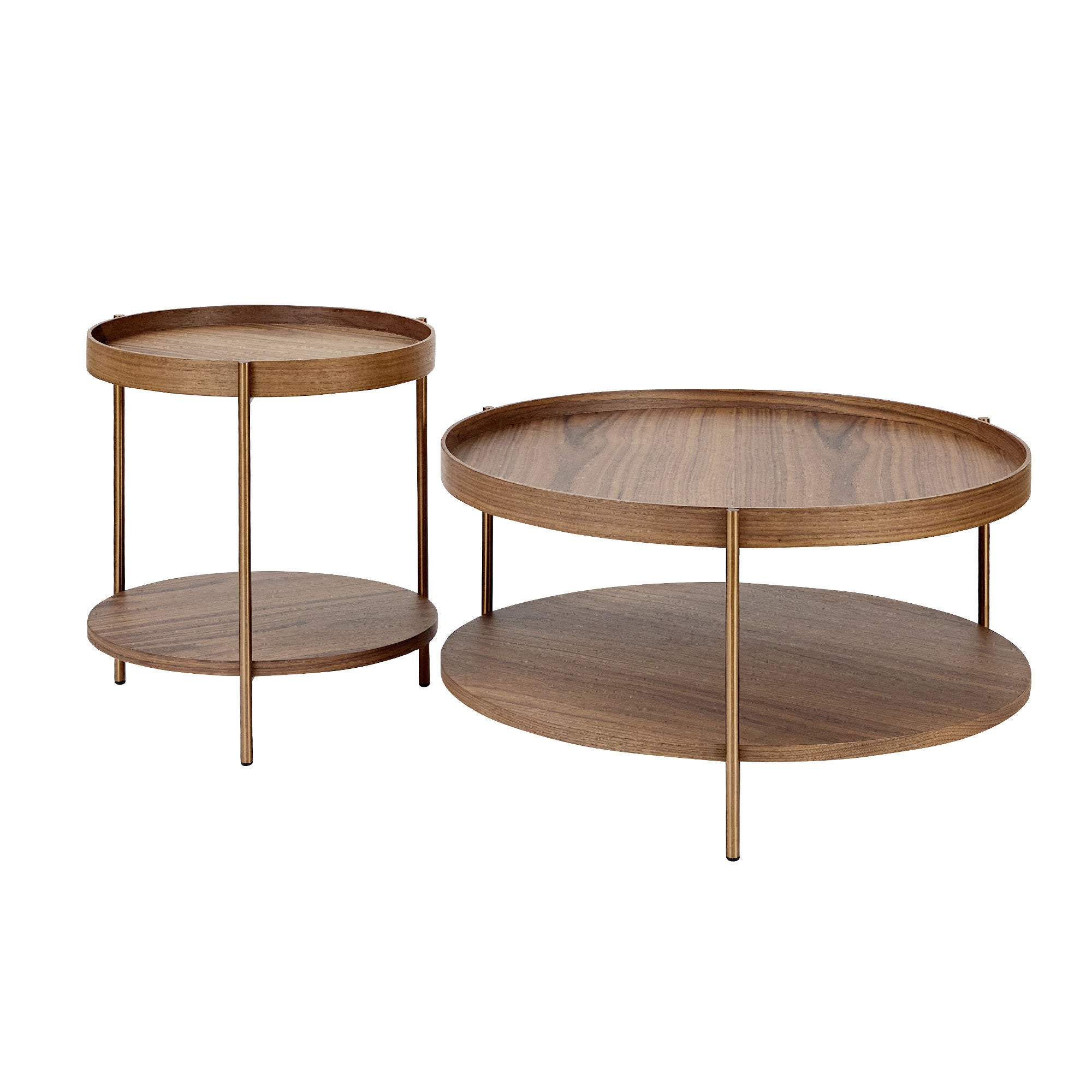 2-Piece Modern 2 Tier Round Coffee Table Set for Living Room, Easy Assembly Nesting Coffee Tables, End Side Tables for Bedroom Office Balcony Yard, Walnut Color