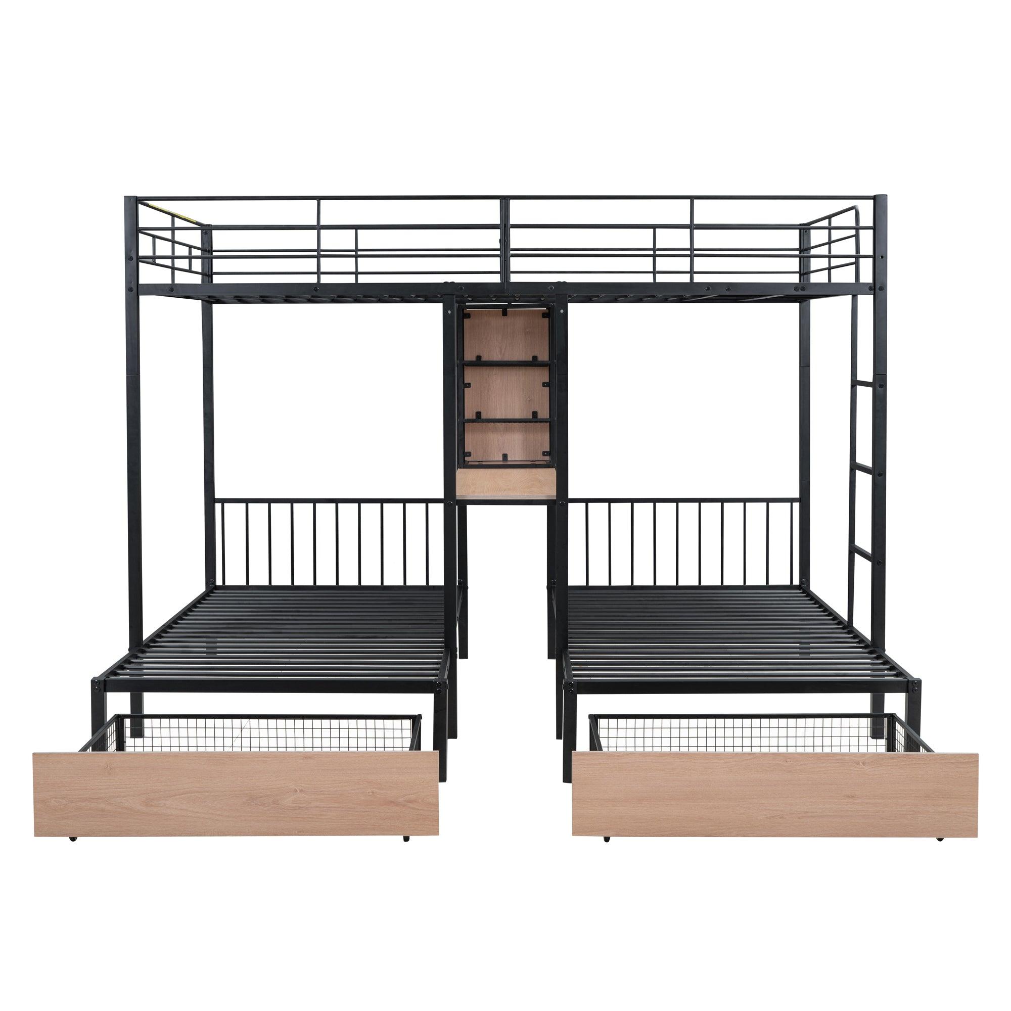 Full Over Twin & Twin Triple Bunk Bed with Drawers, Multi-functional Metal Frame Bed with desks and shelves in the middle, Black