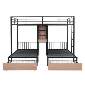 Full Over Twin & Twin Triple Bunk Bed with Drawers, Multi-functional Metal Frame Bed with desks and shelves in the middle, Black