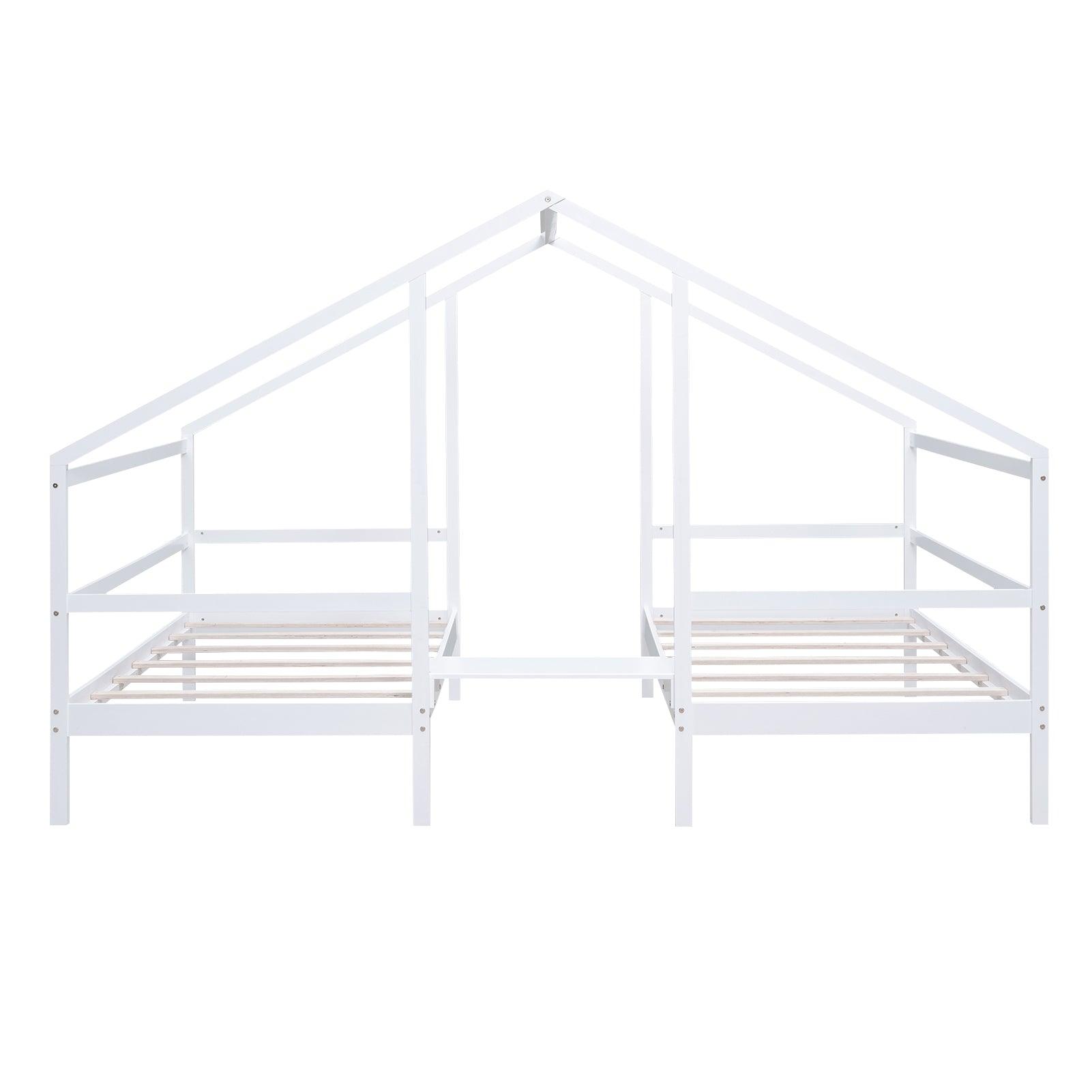 Double Twin Size Triangular House Beds with Built-in Table, White