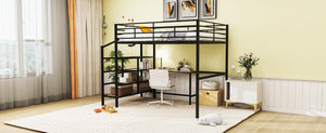 Full Size Metal Loft Bed with Desk and Lateral Storage Ladder, Black