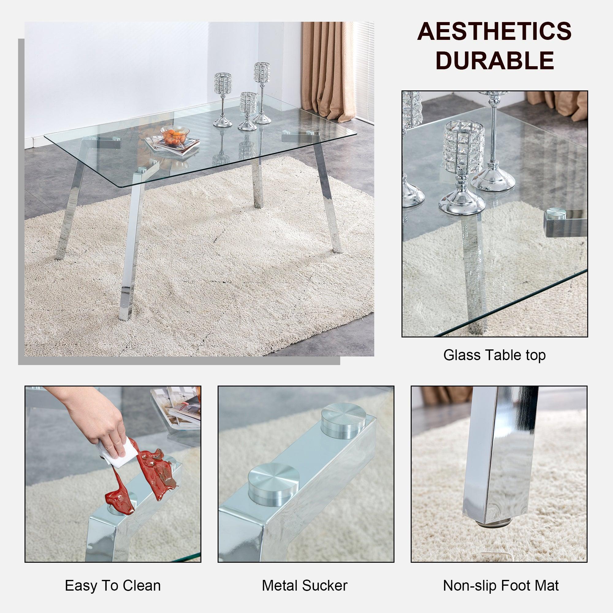 A Modern Minimalist Rectangular Glass Dining Table With Tempered Glass Tabletop And Silver Metal Legs, Suitable For Kitchens, Restaurants, And Living Rooms, 63"*35.4"*30"