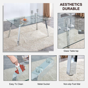 A Modern Minimalist Rectangular Glass Dining Table With Tempered Glass Tabletop And Silver Metal Legs, Suitable For Kitchens, Restaurants, And Living Rooms, 63"*35.4"*30"