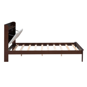 Full size Platform Bed with USB Charging Station and Storage Upholstered Headboard, LED Bed Frame, No Box Spring Needed, Walnut+Beige