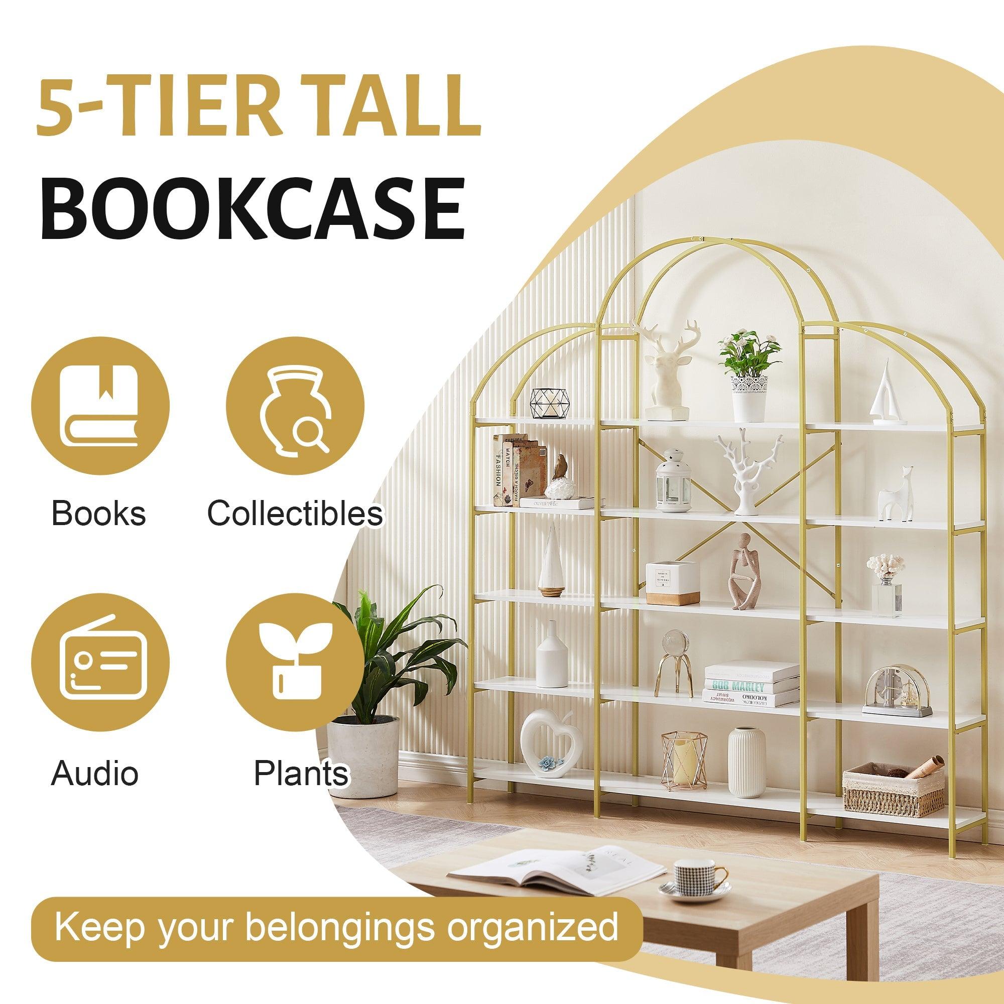 74.8 Inch 5 Tiers Office Bookcase Bookshelf, Display Shelf With Round Top, X Bar Gold Frame LamCham
