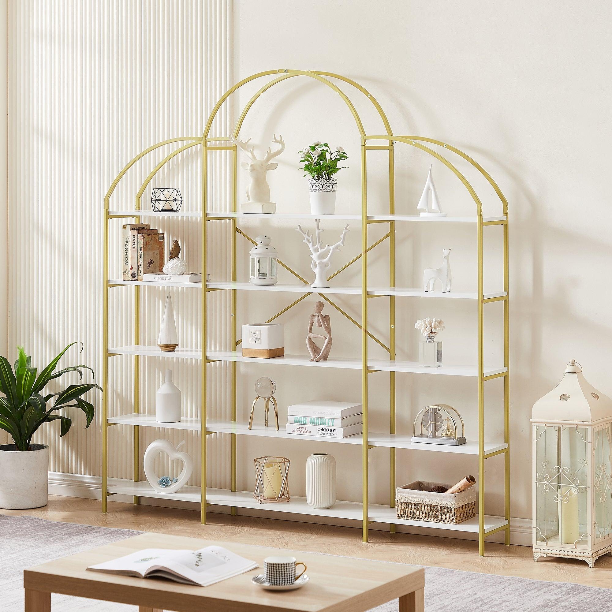 74.8 Inch 5 Tiers Office Bookcase Bookshelf, Display Shelf With Round Top, X Bar Gold Frame LamCham