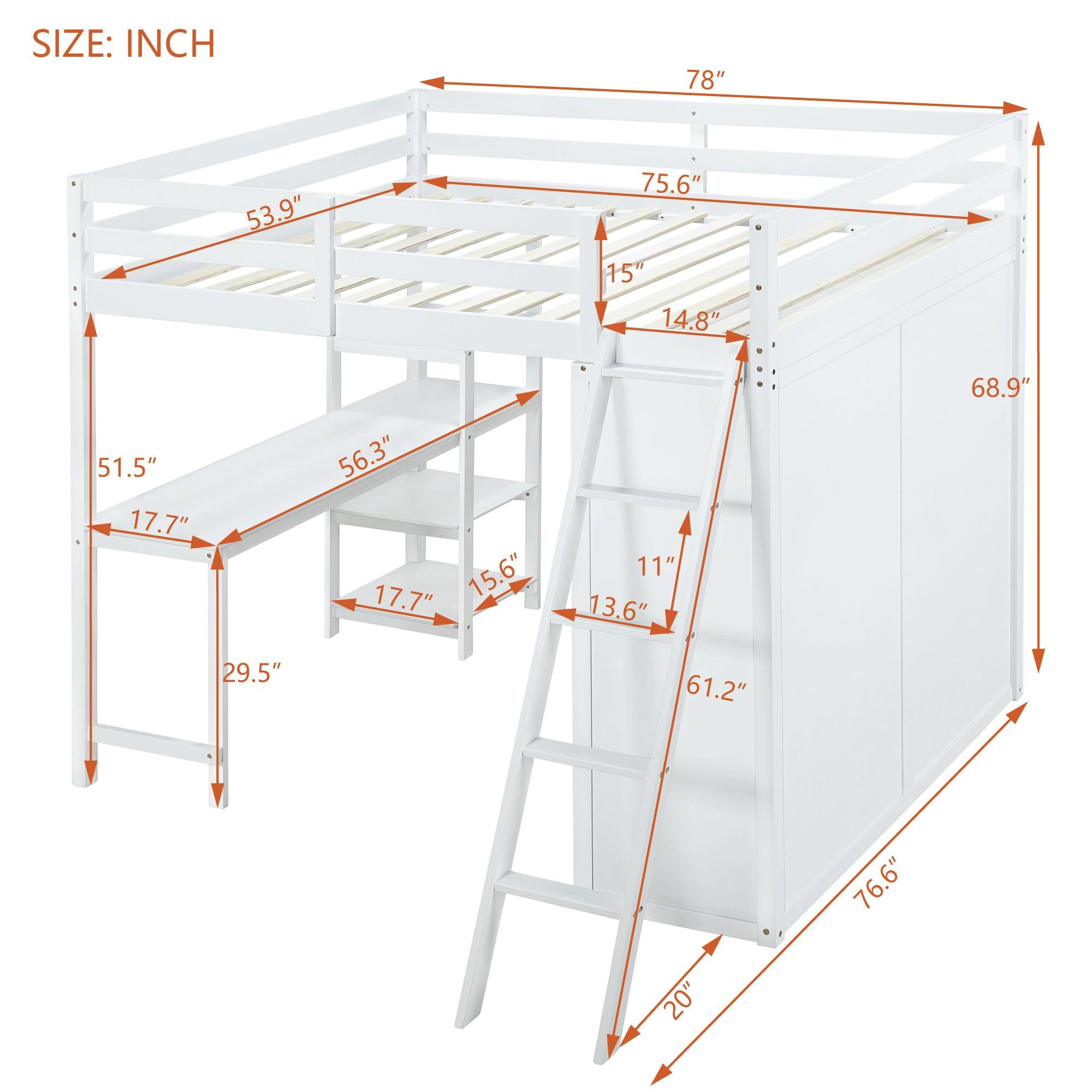 Full Size Loft Bed with Wardrobe and Desk and Shelves, White