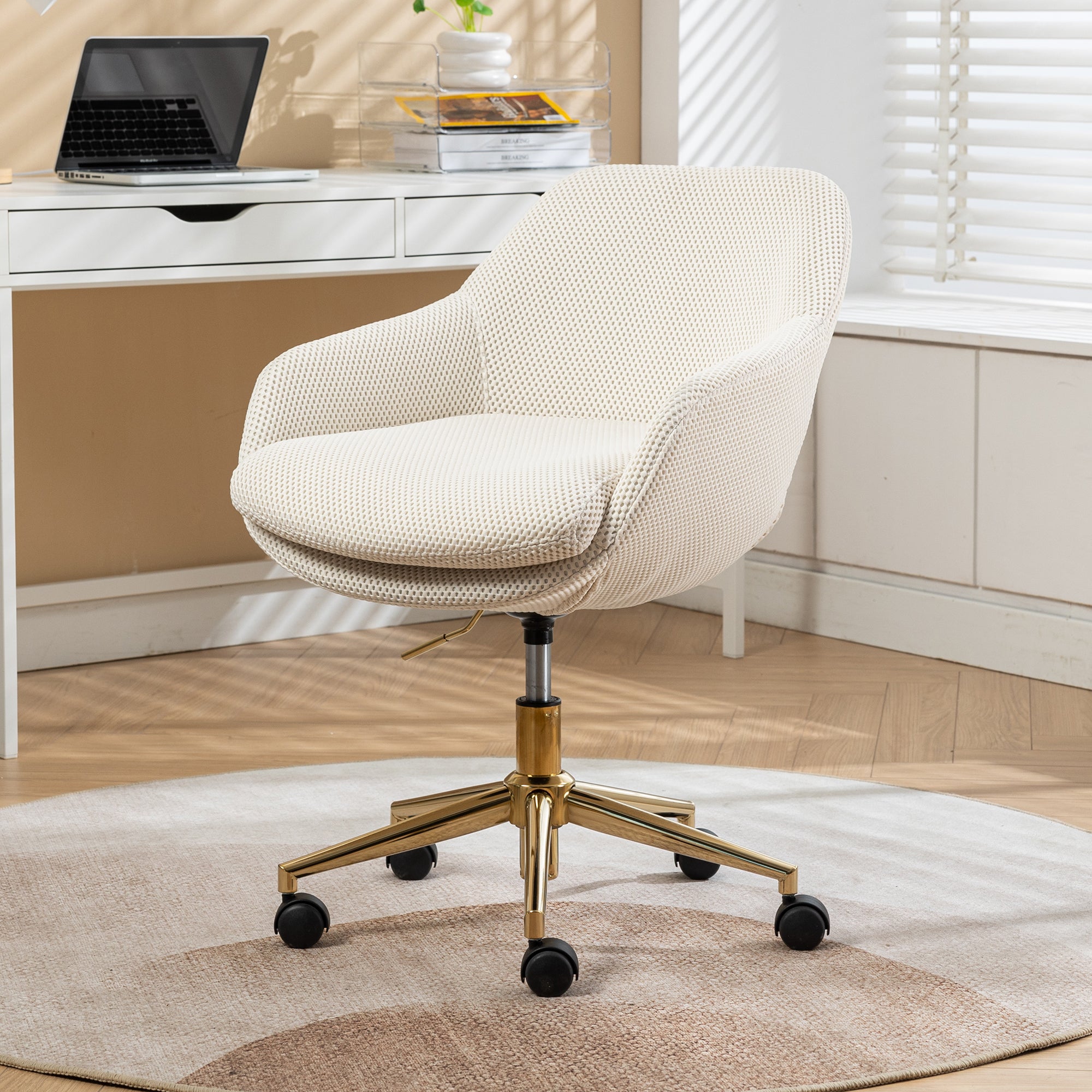 🆓🚛 Mesh Fabric Home Office 360° Swivel Chair, Adjustable Height With Gold Metal Base, Beige