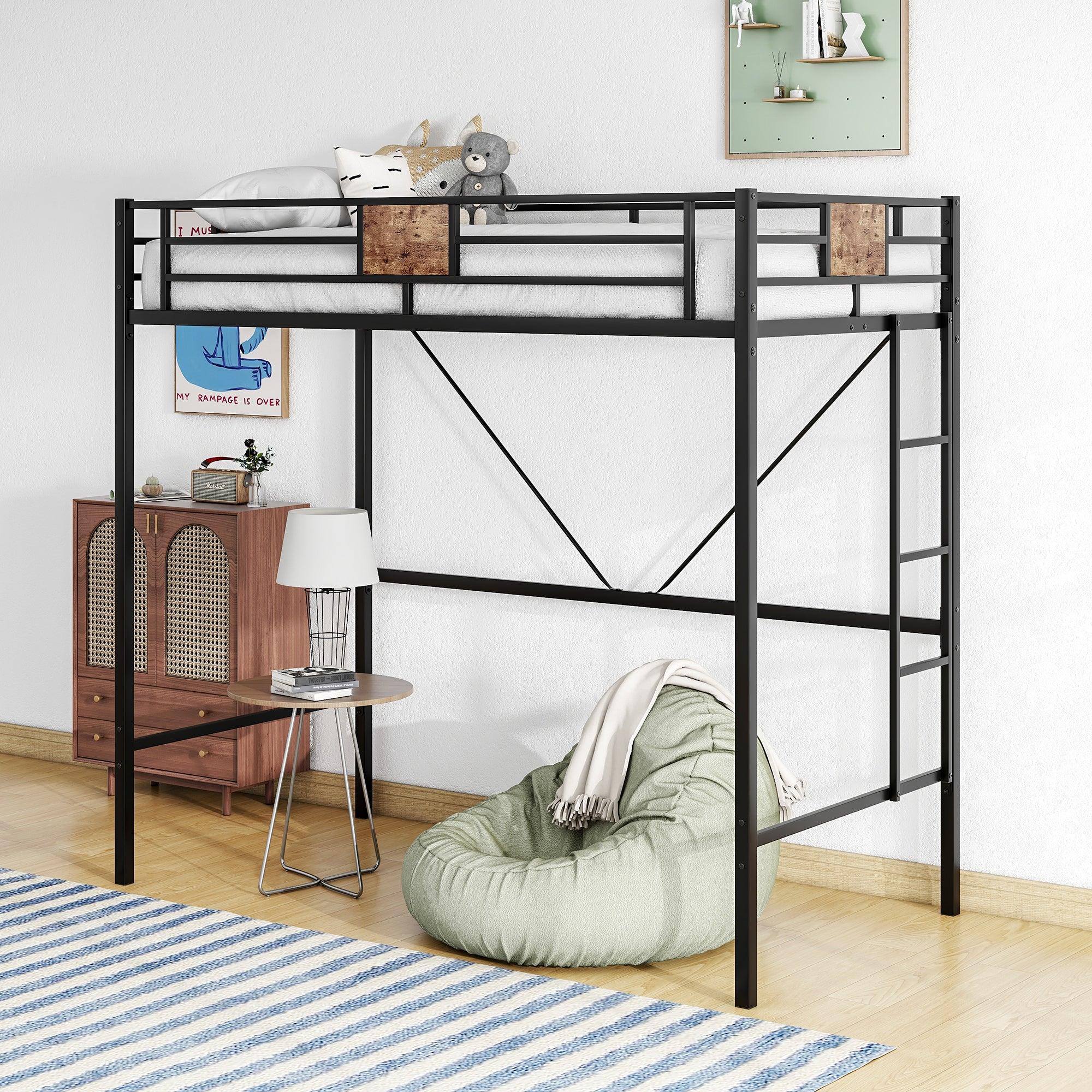 🆓🚛 Metal Twin Loft Bed Frame With Stairs & Full-Length Guardrail, Space-Saving Design, No Box Spring Needed, Noise Free, Black