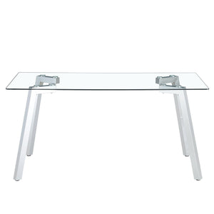 A Modern Minimalist Rectangular Glass Dining Table With Tempered Glass Tabletop And Silver Metal Legs, Suitable For Kitchens, Restaurants, And Living Rooms, 63"*35.4"*30"