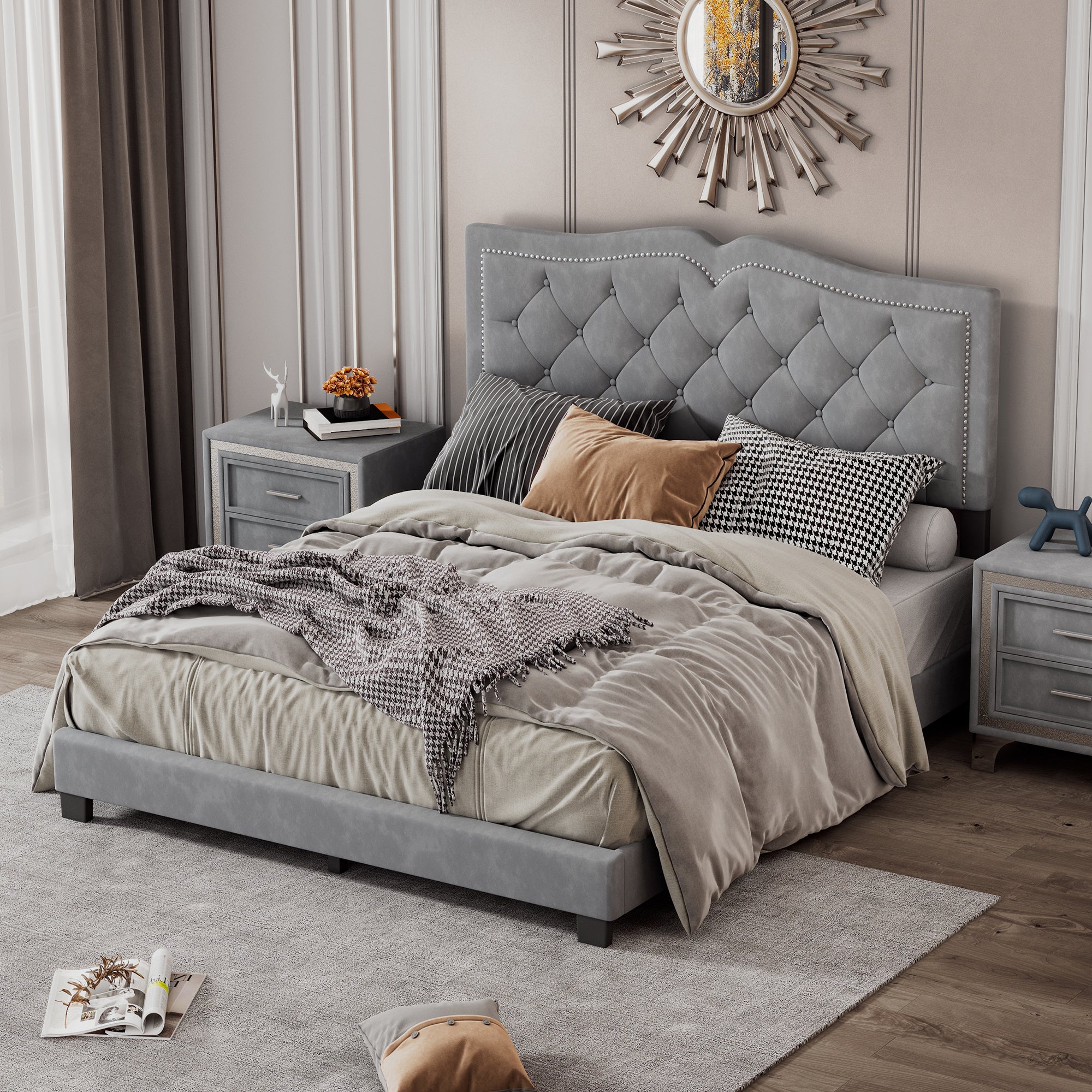 🆓🚛 Queen Size Upholstered Bed Frame with Rivet Design, Modern Velvet Platform Bed with Tufted Headboard, Gray