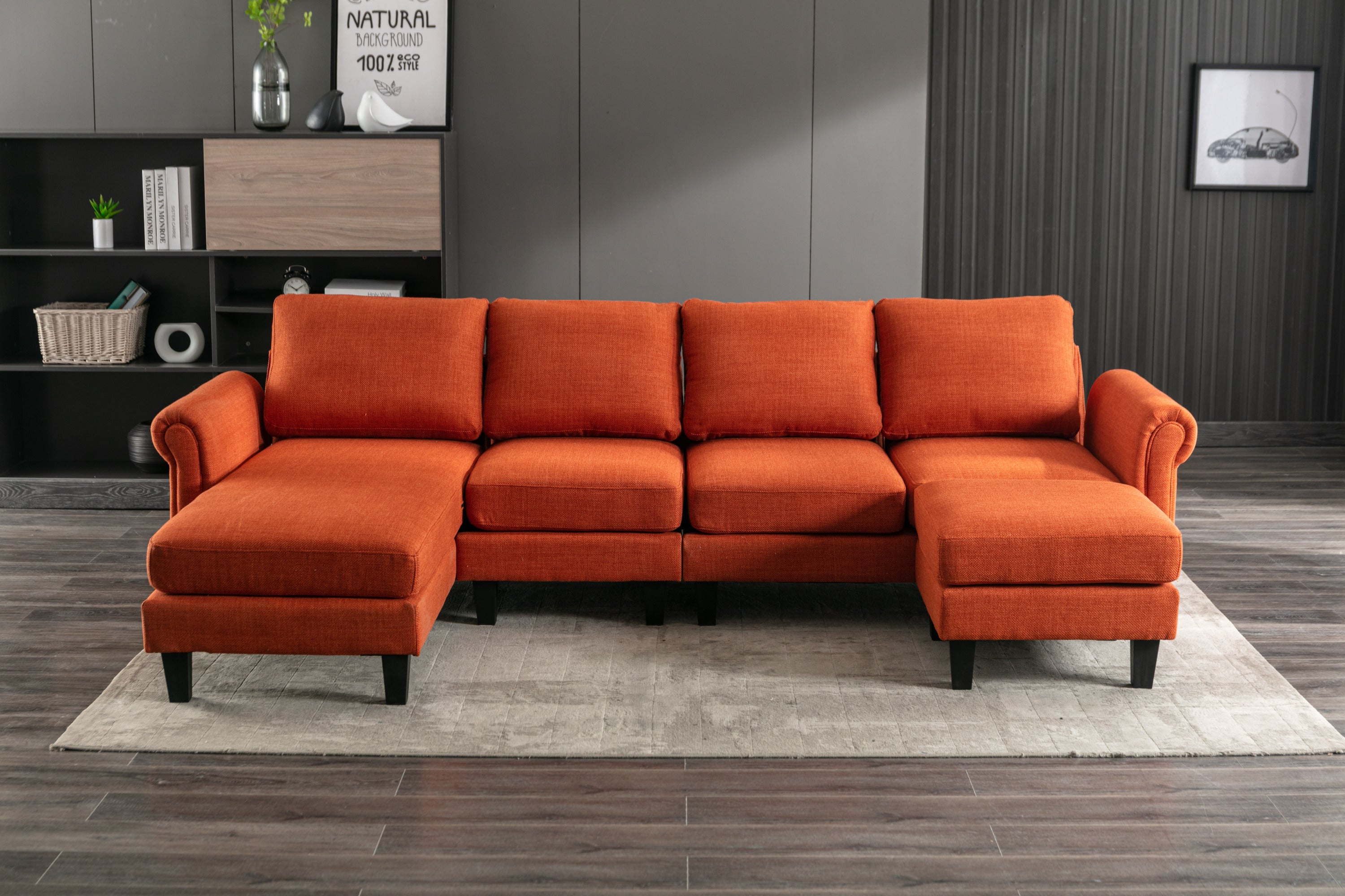 🆓🚛 108" L-Shaped 4-Seater Sectional Sofa Couch With Ottoman, Orange