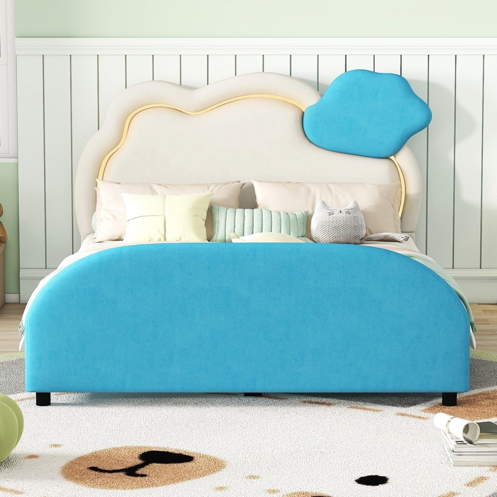 🆓🚛 Full Size Upholstered Platform Bed With Cloud-Shaped Headboard & Embedded Light Stripe, Velvet, Blue