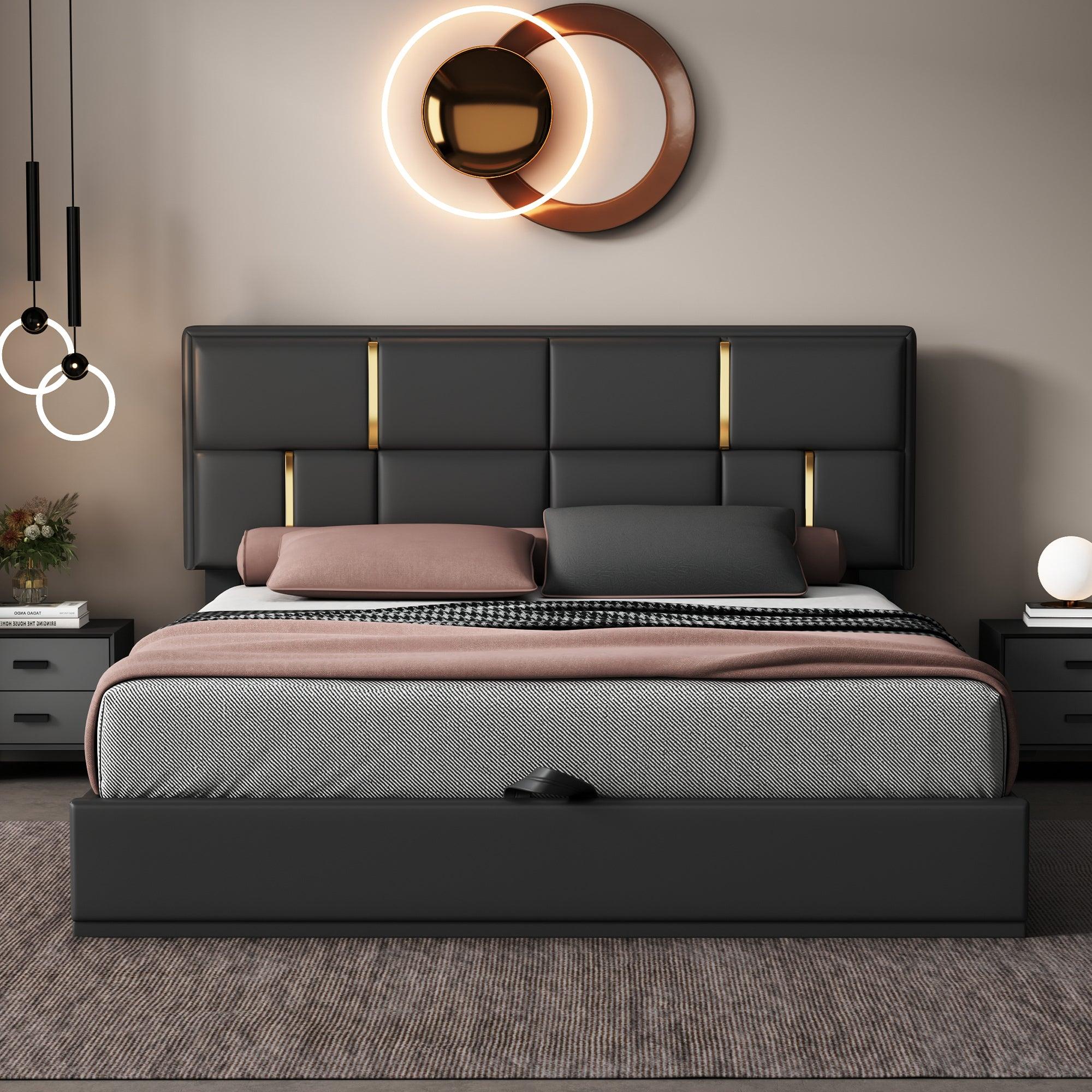 🆓🚛 Queen Size Upholstered Platform Bed With Hydraulic Storage System, No Box Spring Needed, Black