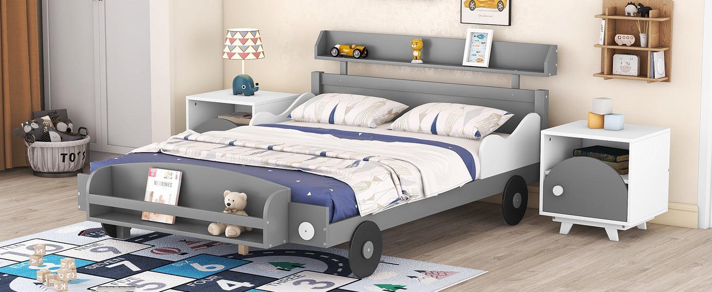 Full Size Car-Shaped Platform Bed, Full Bed with Storage Shelf for Bedroom, Gray