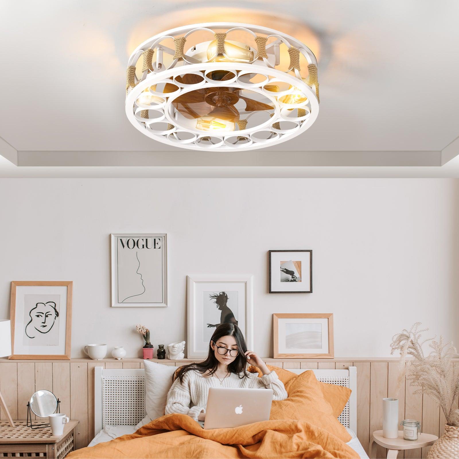 🆓🚛 Caged Ceiling Fan With Lights Remote Control, Semi -Embedded Modern Ceiling Fans, 6 Speeds Reversible Blades, 4 Led Bulbs Include(White)