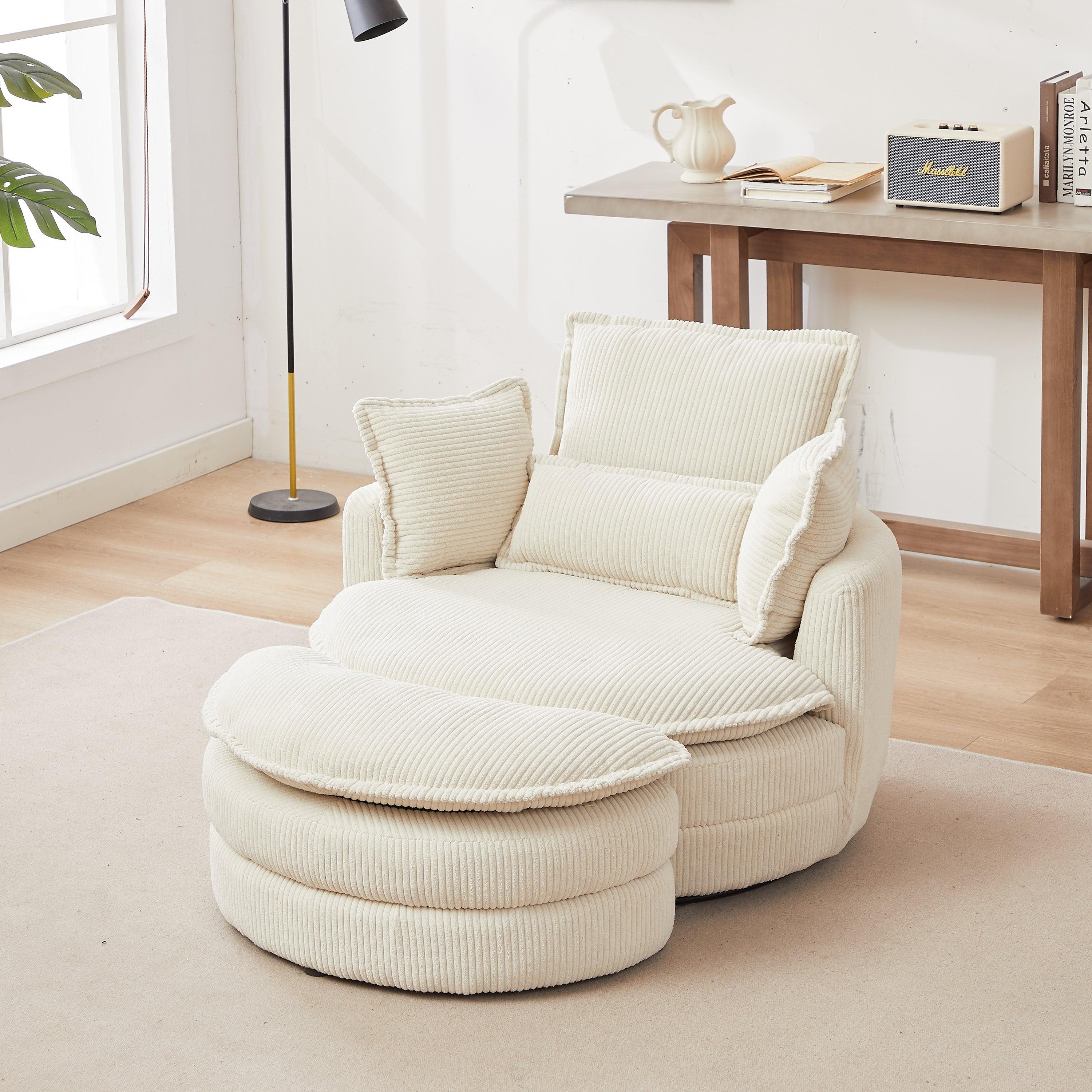 🆓🚛 38"W Oversized Corduroy Swivel Chair With Moon Storage Ottoman for Living Room, Beige