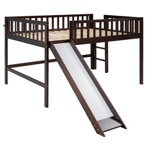 Full Size Low Loft Bed with Ladder and Slide, Espresso