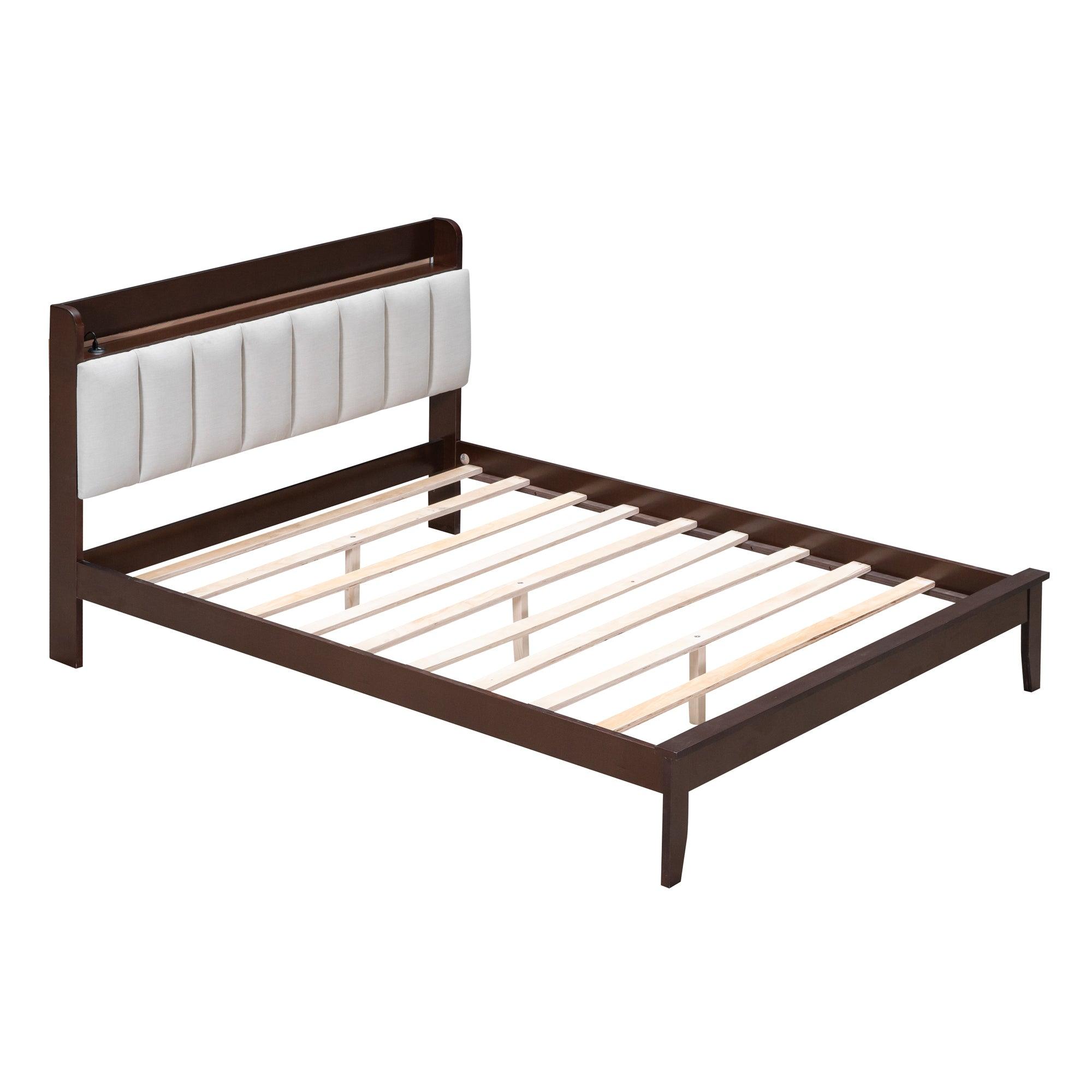 Full size Platform Bed with USB Charging Station and Storage Upholstered Headboard, LED Bed Frame, No Box Spring Needed, Walnut+Beige