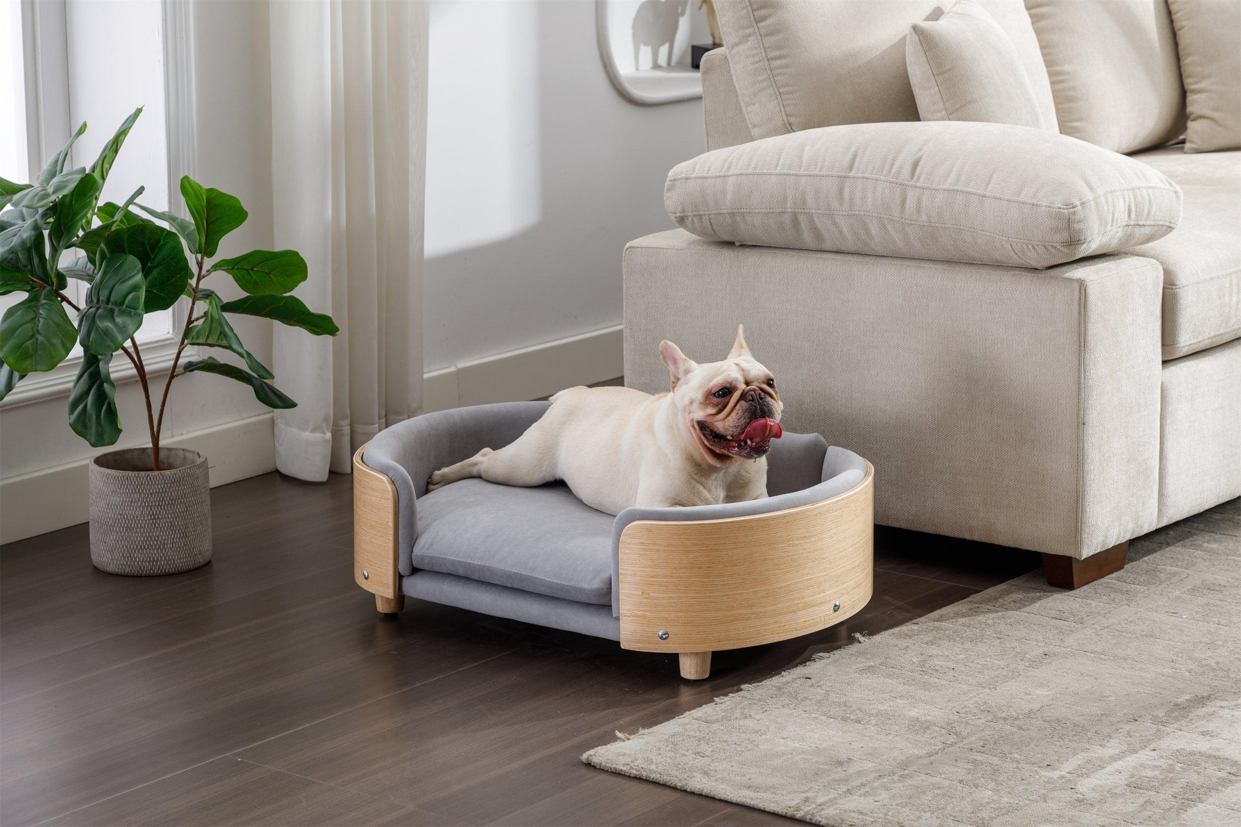 🆓🚛 Scandinavian Style Elevated Dog Bed Pet Sofa With Solid Wood Legs & Bent Wood Back, Velvet Cushion, Mid Size Light Gray