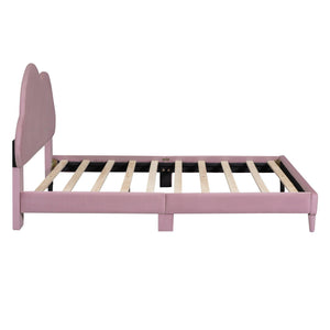 Full size Upholstered Cloud-Shape Bed , Velvet Platform Bed with Headboard, No Box-spring Needed, Pink