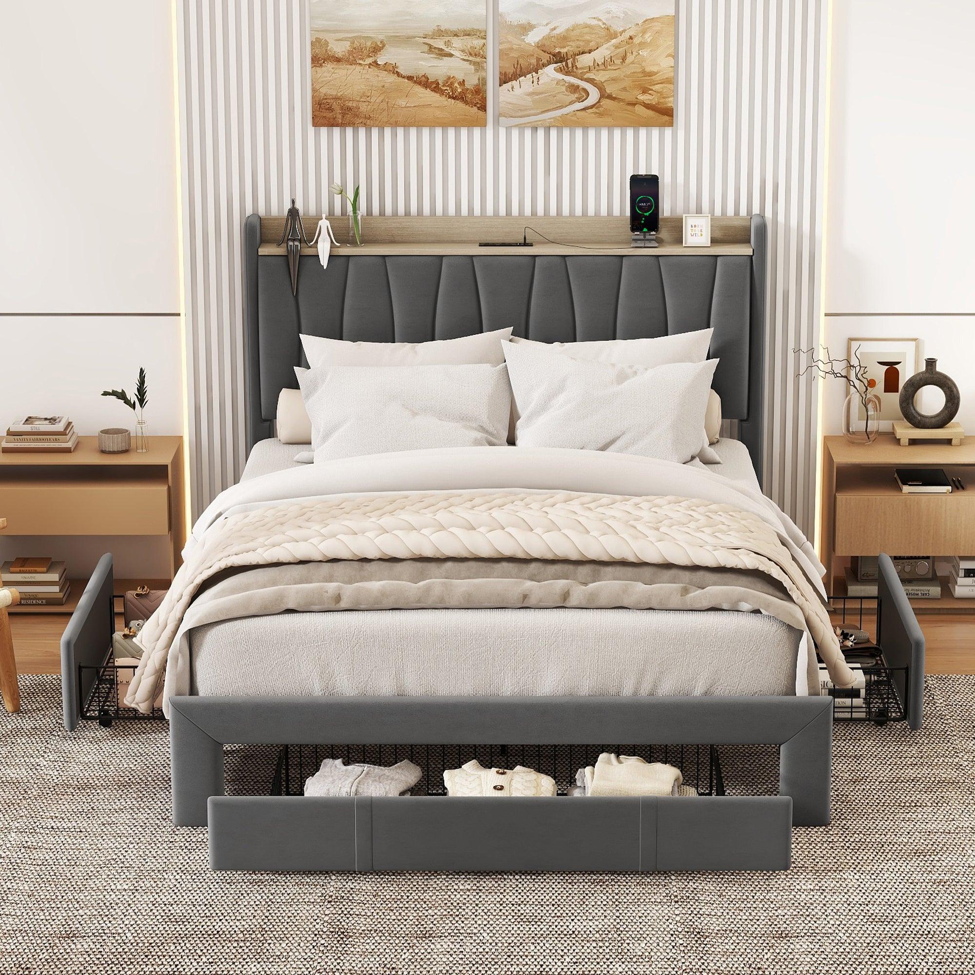 🆓🚛 Queen Size Bed Frame With Storage Headboard & Charging Station, Upholstered Platform Bed With 3 Drawers, No Box Spring Needed, Dark Gray