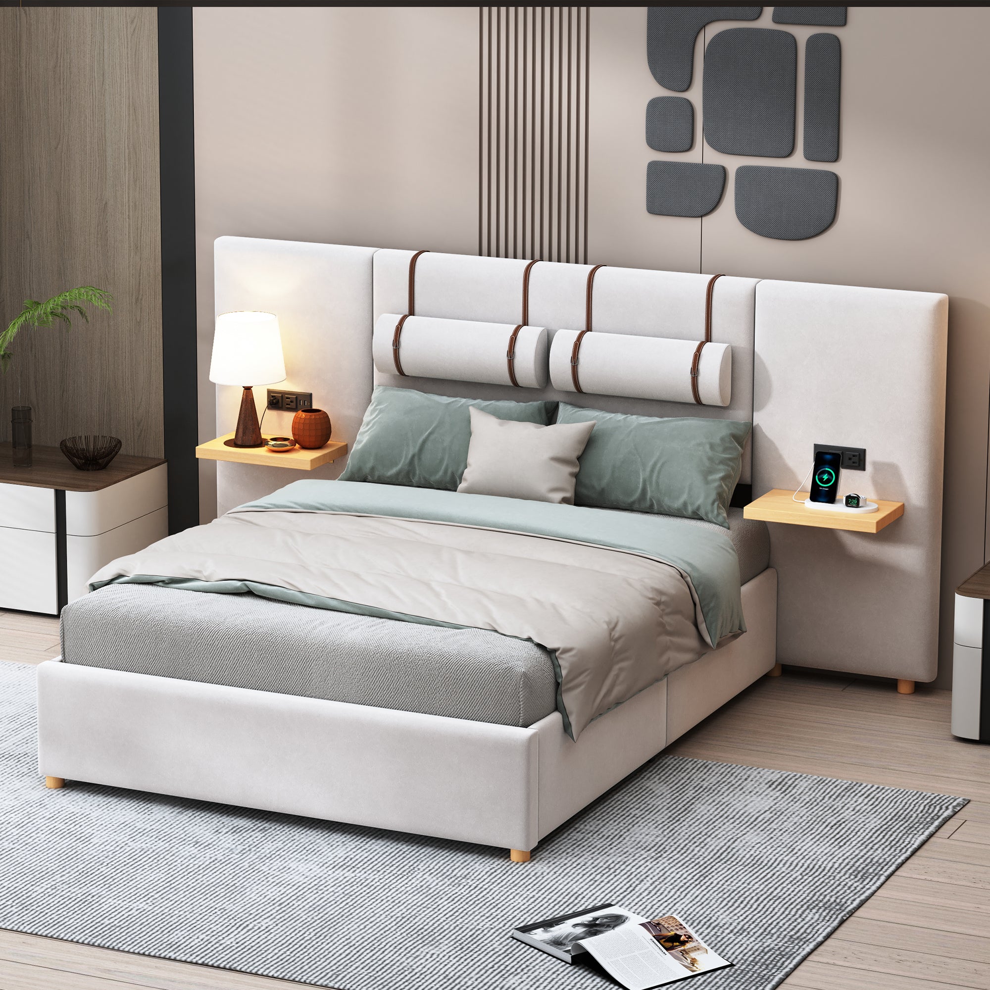 Full Size Upholstered Platform Bed, Two Outlets and USB Charging Ports on Both Sides, Two Bedside Pillows, Storage Shelves, Velvet, Beige