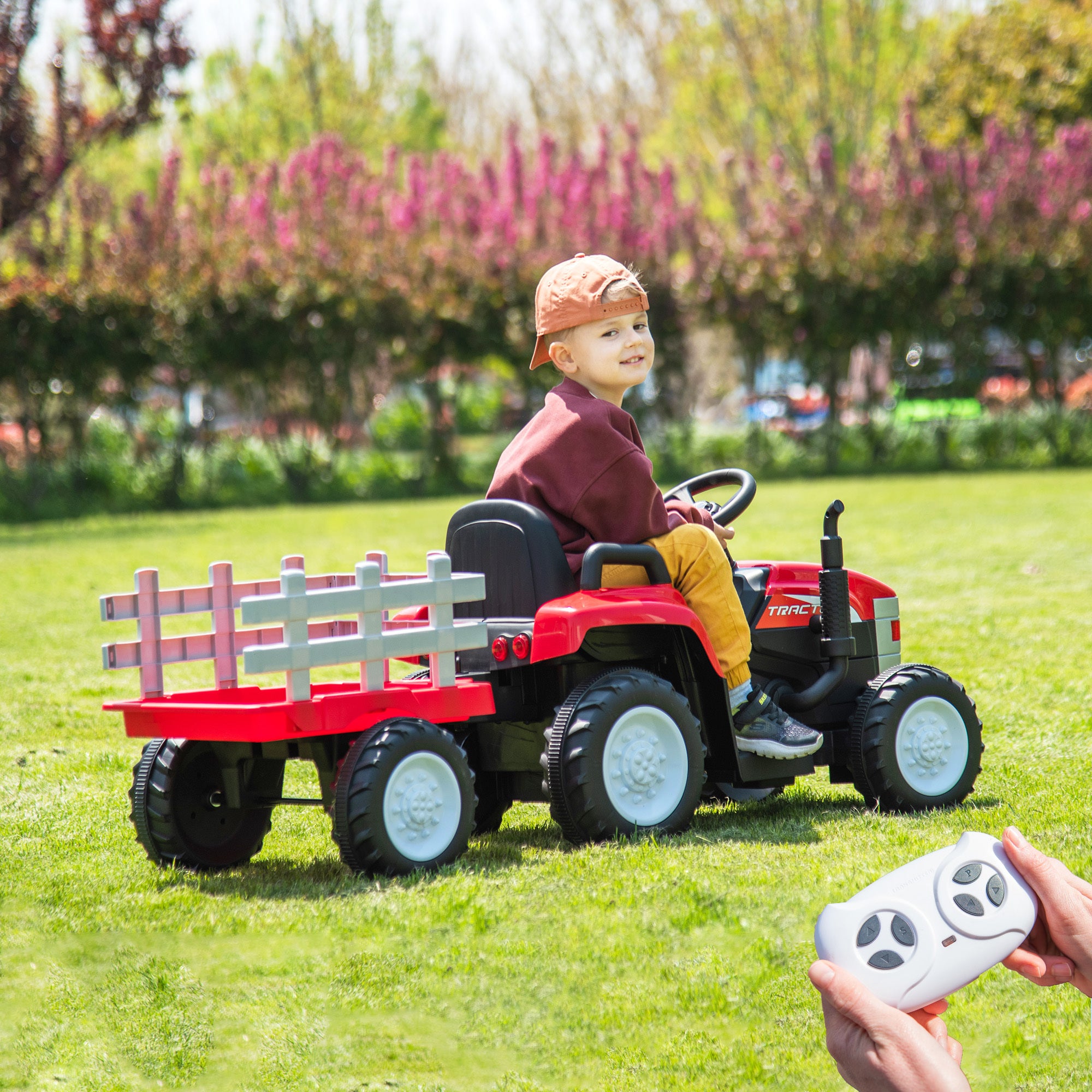 🆓🚛 12V7Ah Battery-Powered Toy Tractor With Trailer, Remote Control, Kids' Electric Excavator Vehicles With 2X35W Dual Motor, Treaded Tires, Led Lights, Usb, Music, Red