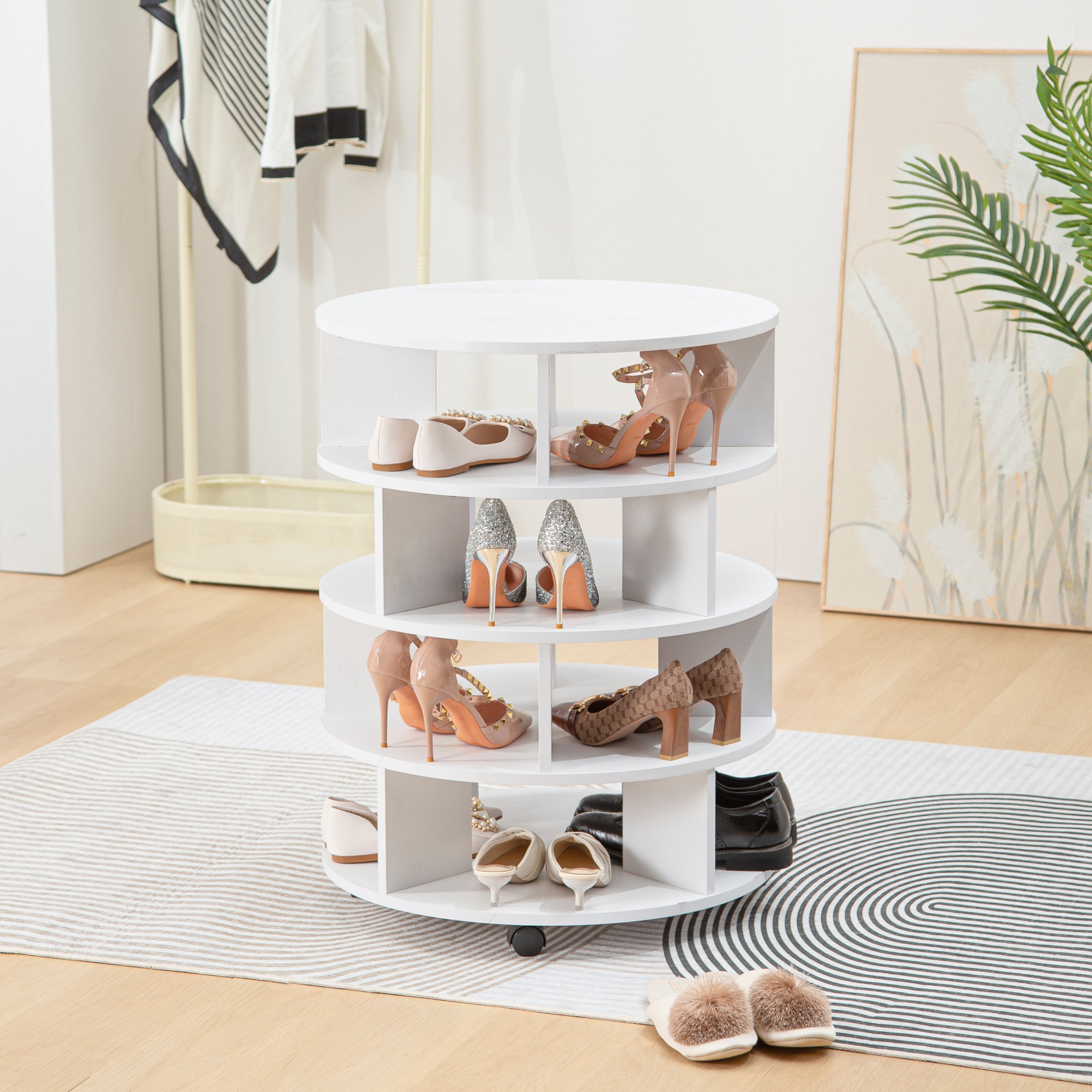 🆓🚛 Round Pushable Wooden Shoe Cabinet On Wheels for 16-20 Pairs of Shoes-White