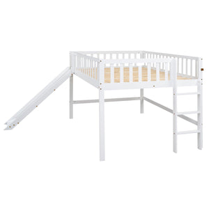 Full Size Low Loft Bed with Ladder and Slide, White