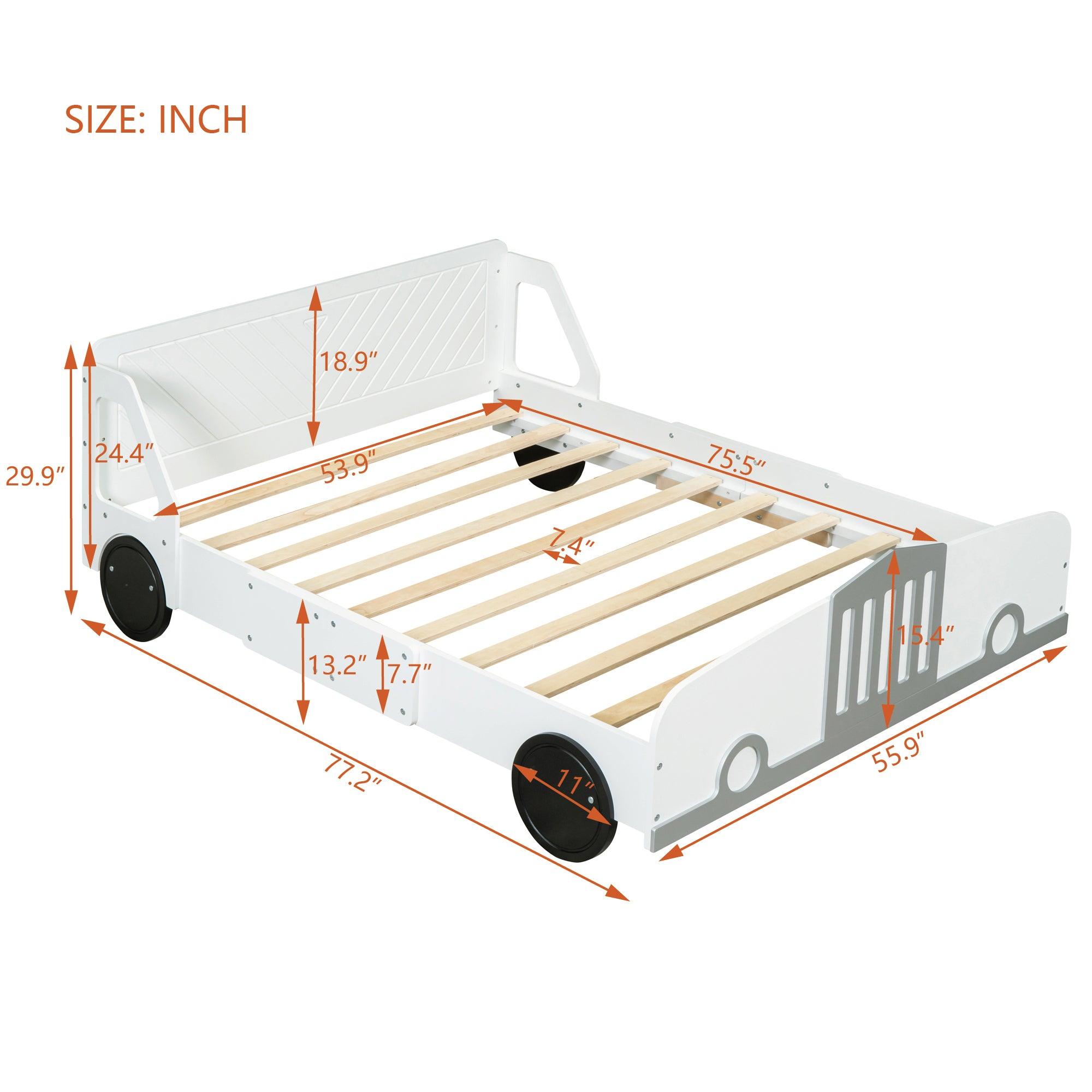 Full Size Car-Shaped Platform Bed with Wheels, White