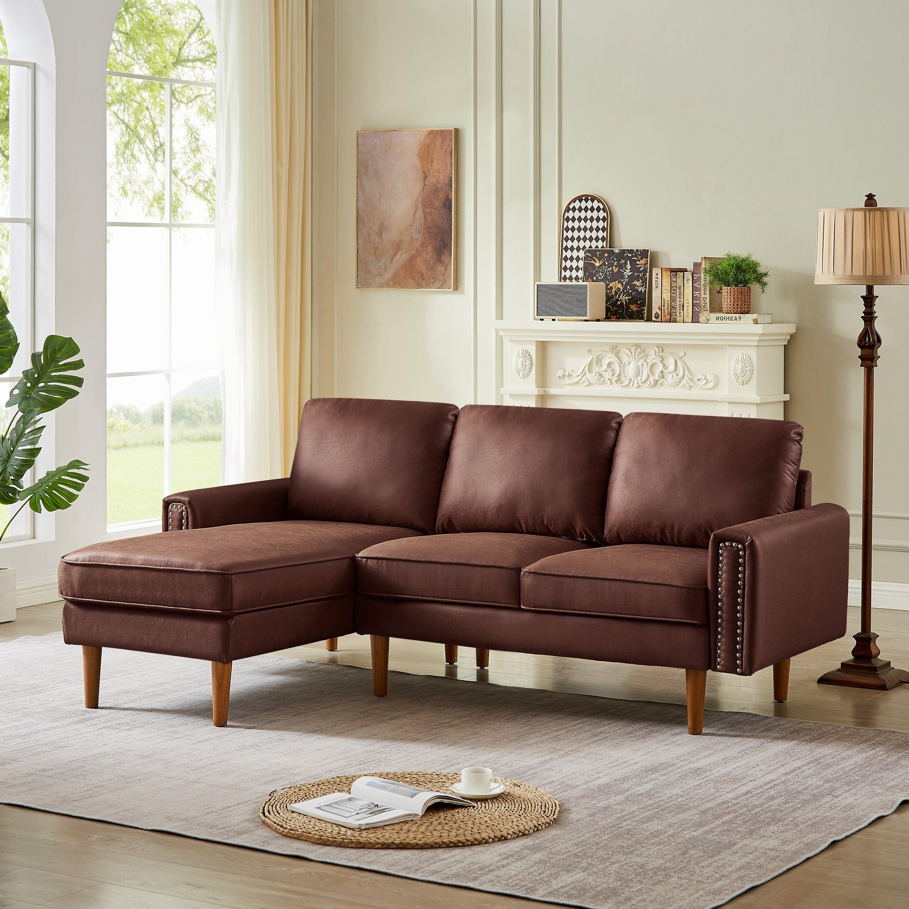 🆓🚛 82.2"L-Shape Sofa Couch With Chais Mid-Century Copper Nail On Arms, Strong Wooden Leg & Suede Fabric Design That Will Complement Any Living Space, Left Chaise, Dark Brown